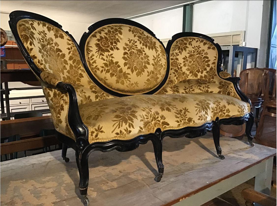 Ebonized 19th Century English Victorian Three-Seat Black Sofa with Brocade Fabric For Sale