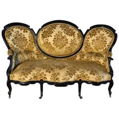 19th Century English Victorian Three-Seat Black Sofa with Brocade Fabric