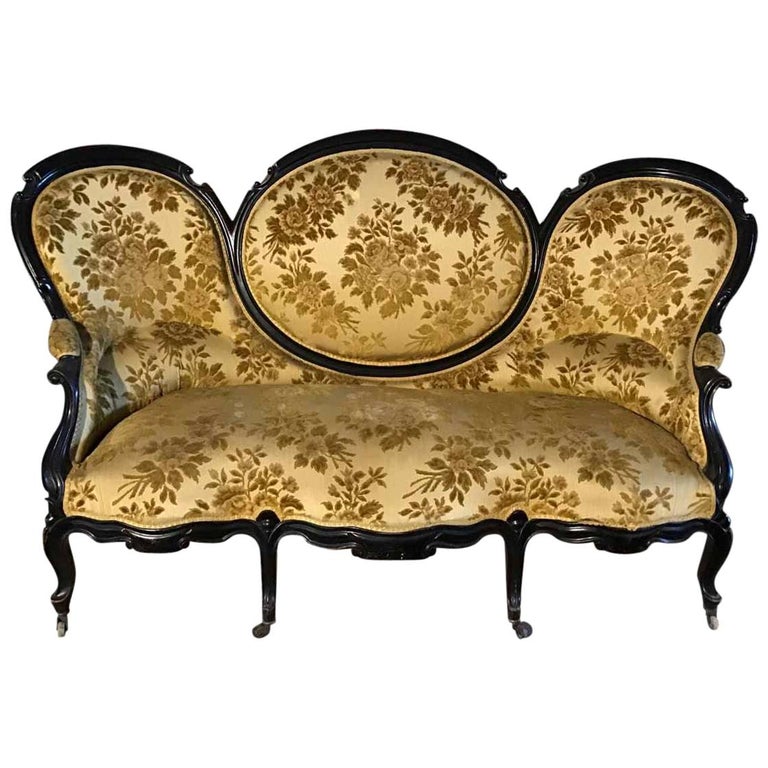 19th Century English Victorian ThreeSeat Black Sofa with Brocade