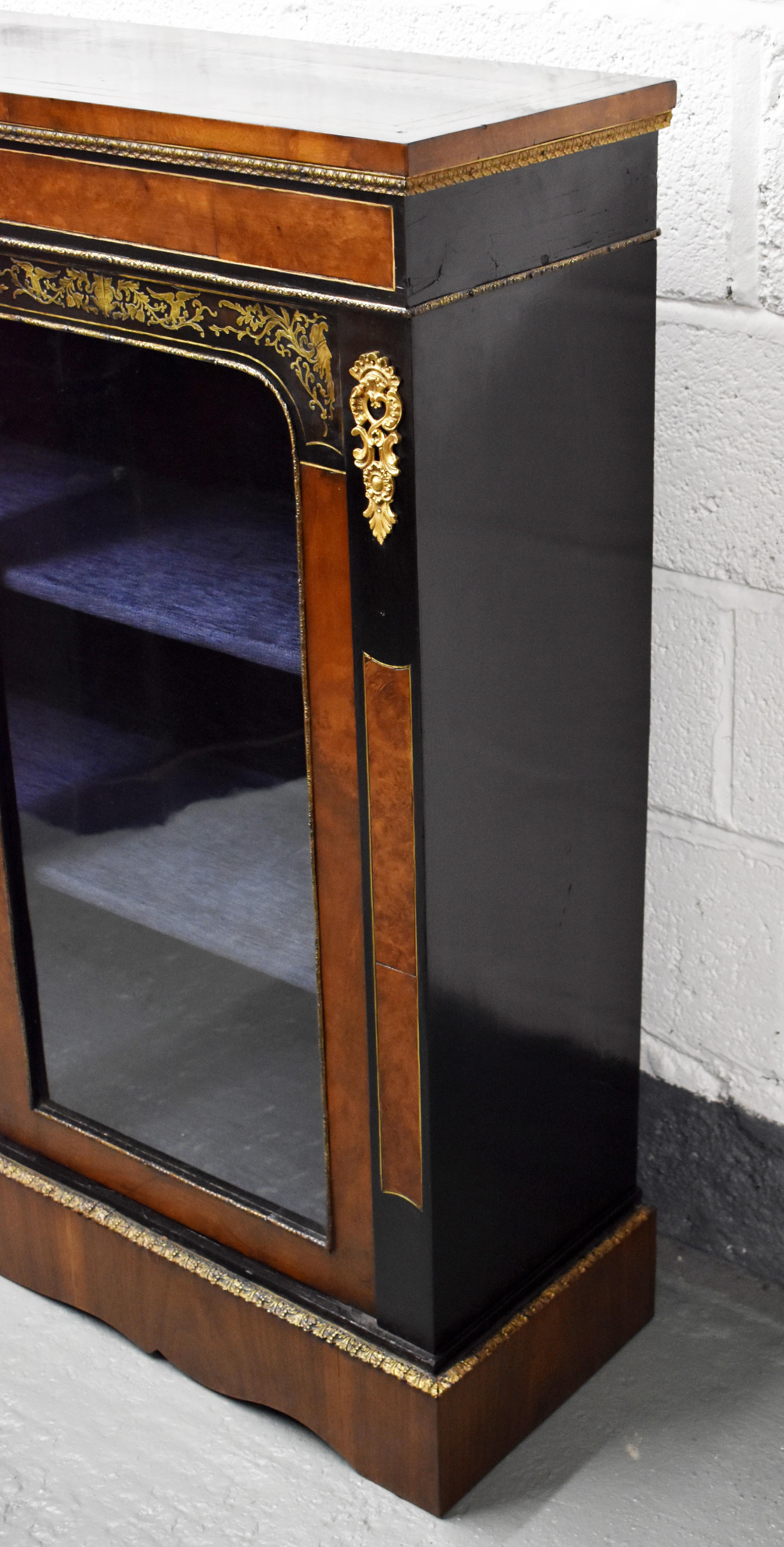 19th Century English Victorian Walnut and Ebonized Brass Inlaid Pier Cabinet For Sale 4