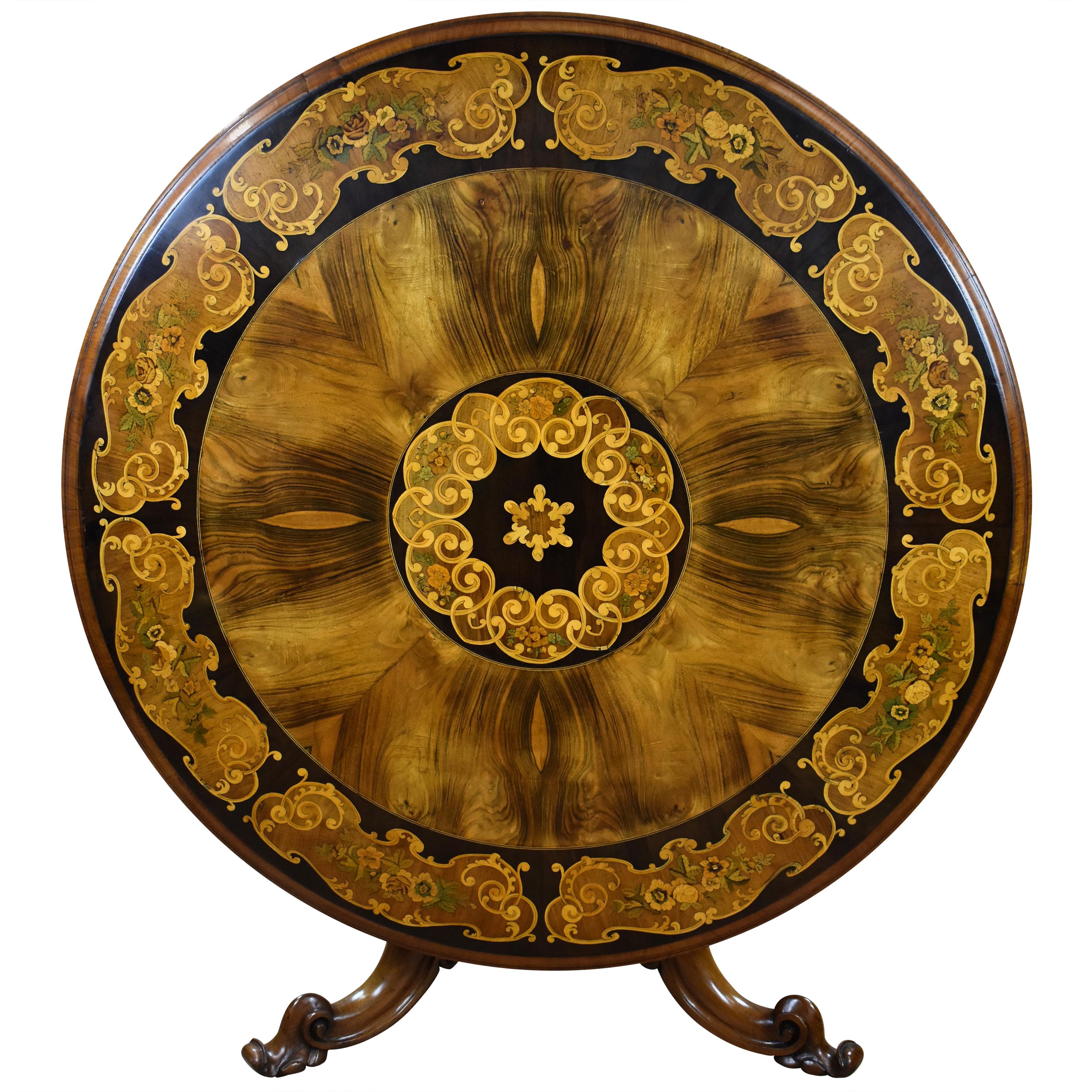 19th Century English Victorian Walnut and Marquetry Circular Breakfast Table