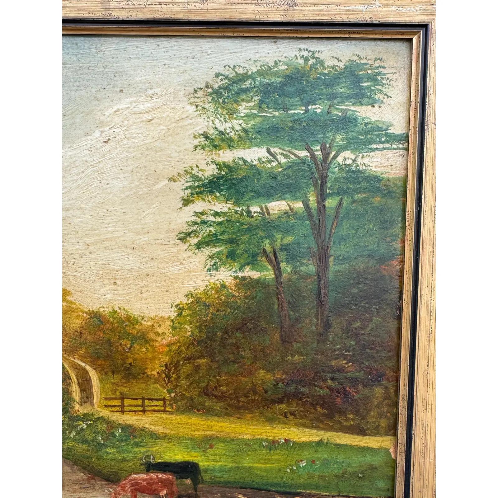 Anglais Pont de village anglais du XIXe siècle Huile sur toile en vente
