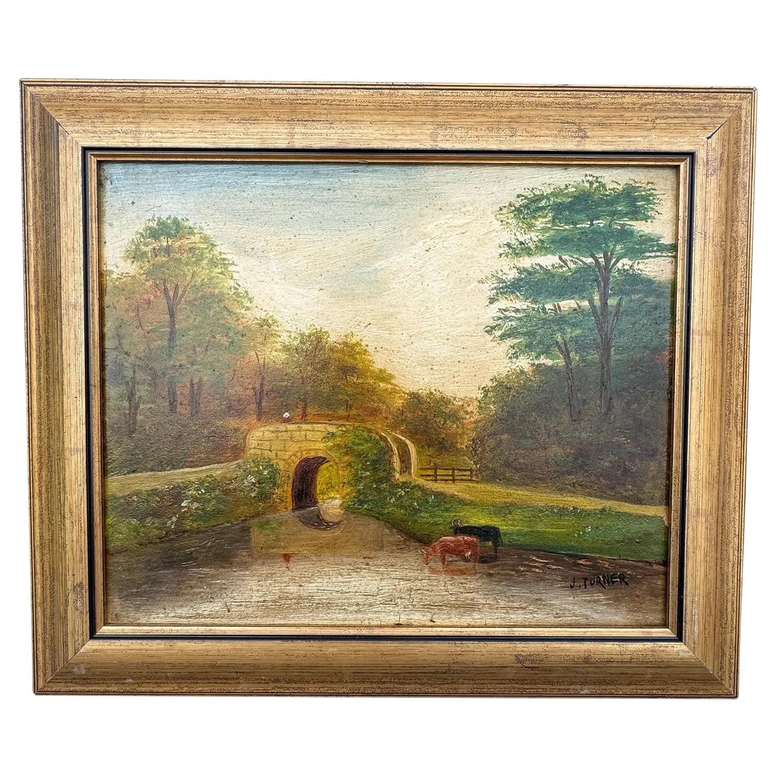 Pont de village anglais du XIXe siècle Huile sur toile en vente