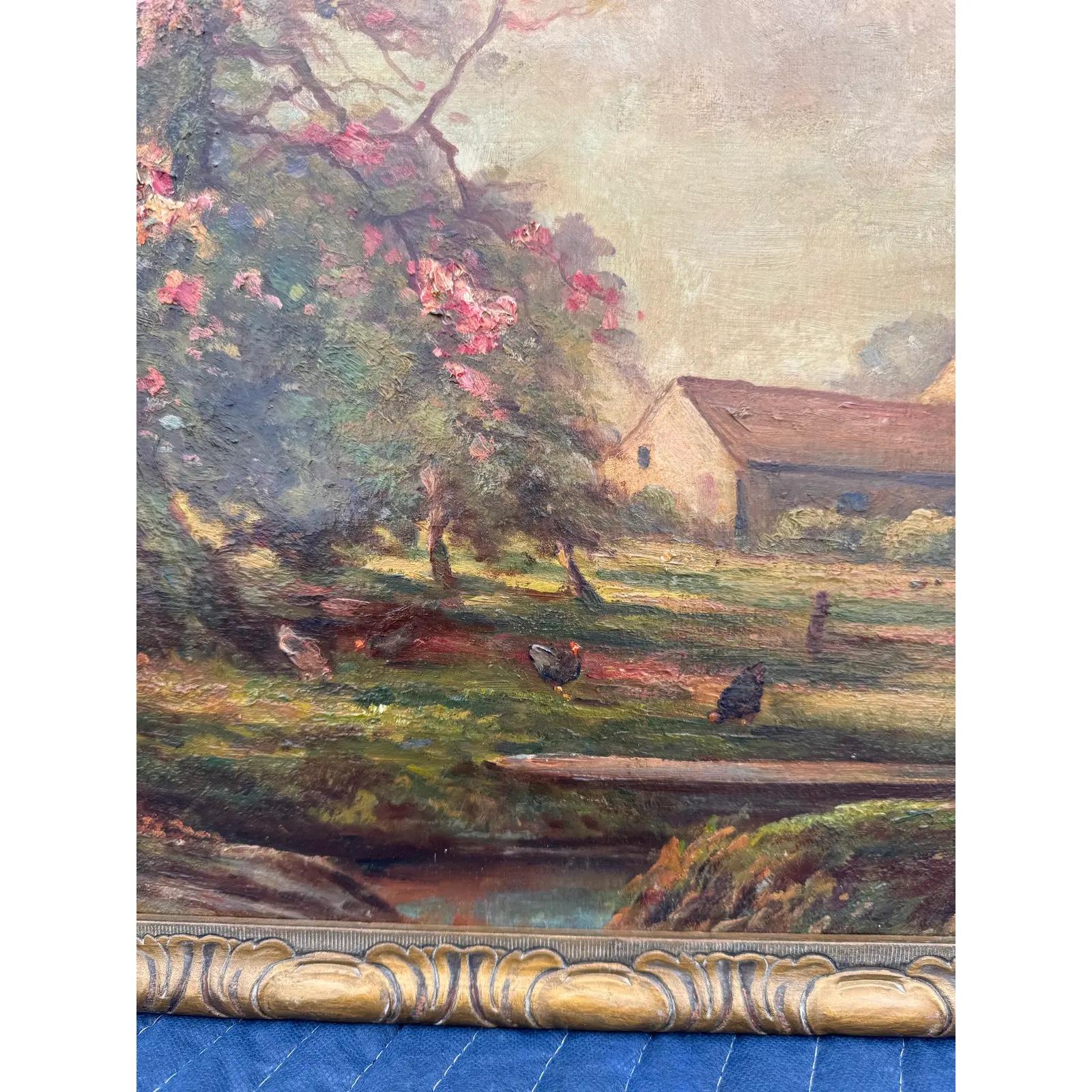 Cette belle huile sur toile fait entrer le printemps dans votre maison ! Les fleurs roses au-dessus d'une ferme avec des poulets contrastent magnifiquement avec le ruisseau et l'herbe. À l'arrière-plan, la ferme se dresse au soleil. Même son