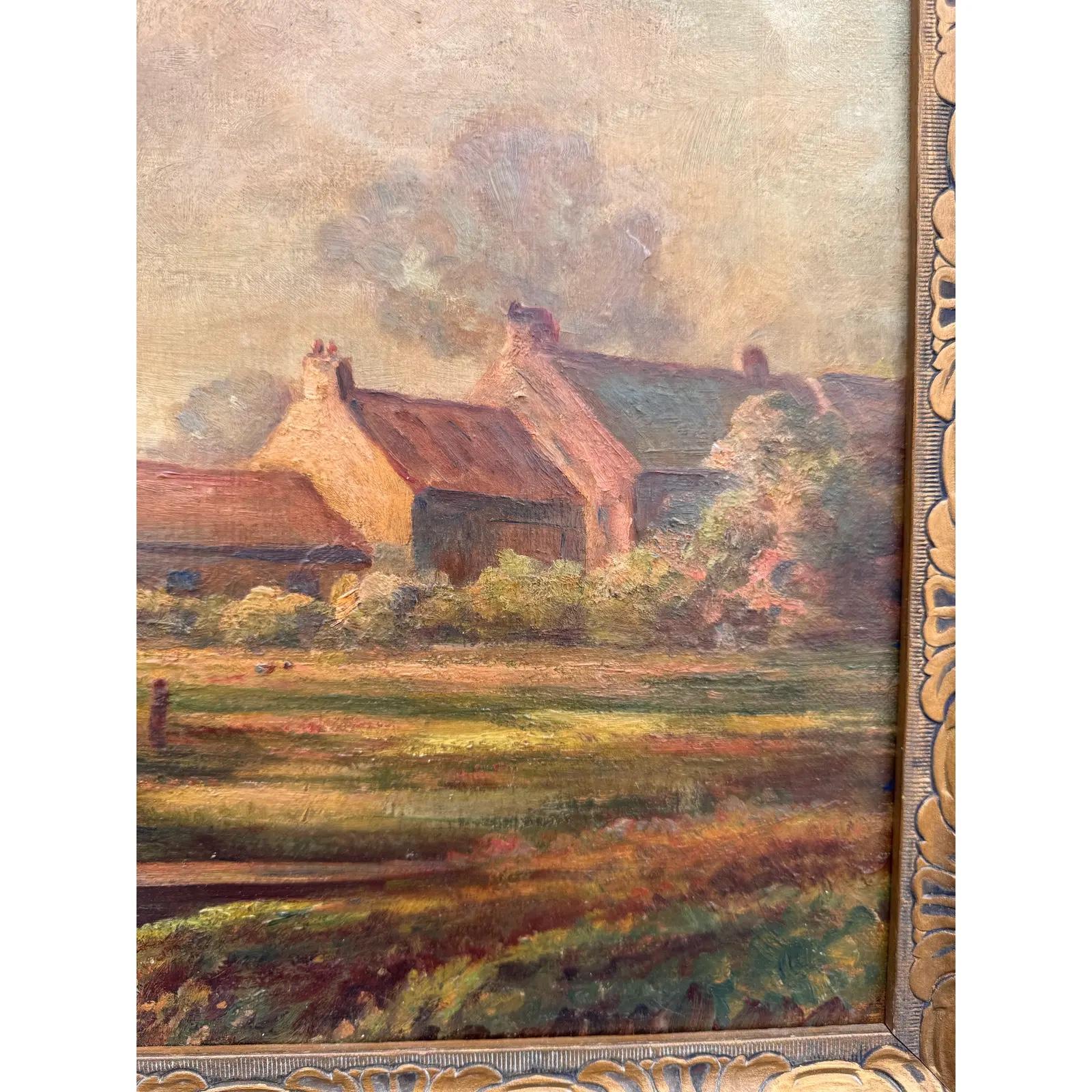 Anglais Huile sur toile - Village anglais du XIXe siècle au bord d'un cours d'eau en vente