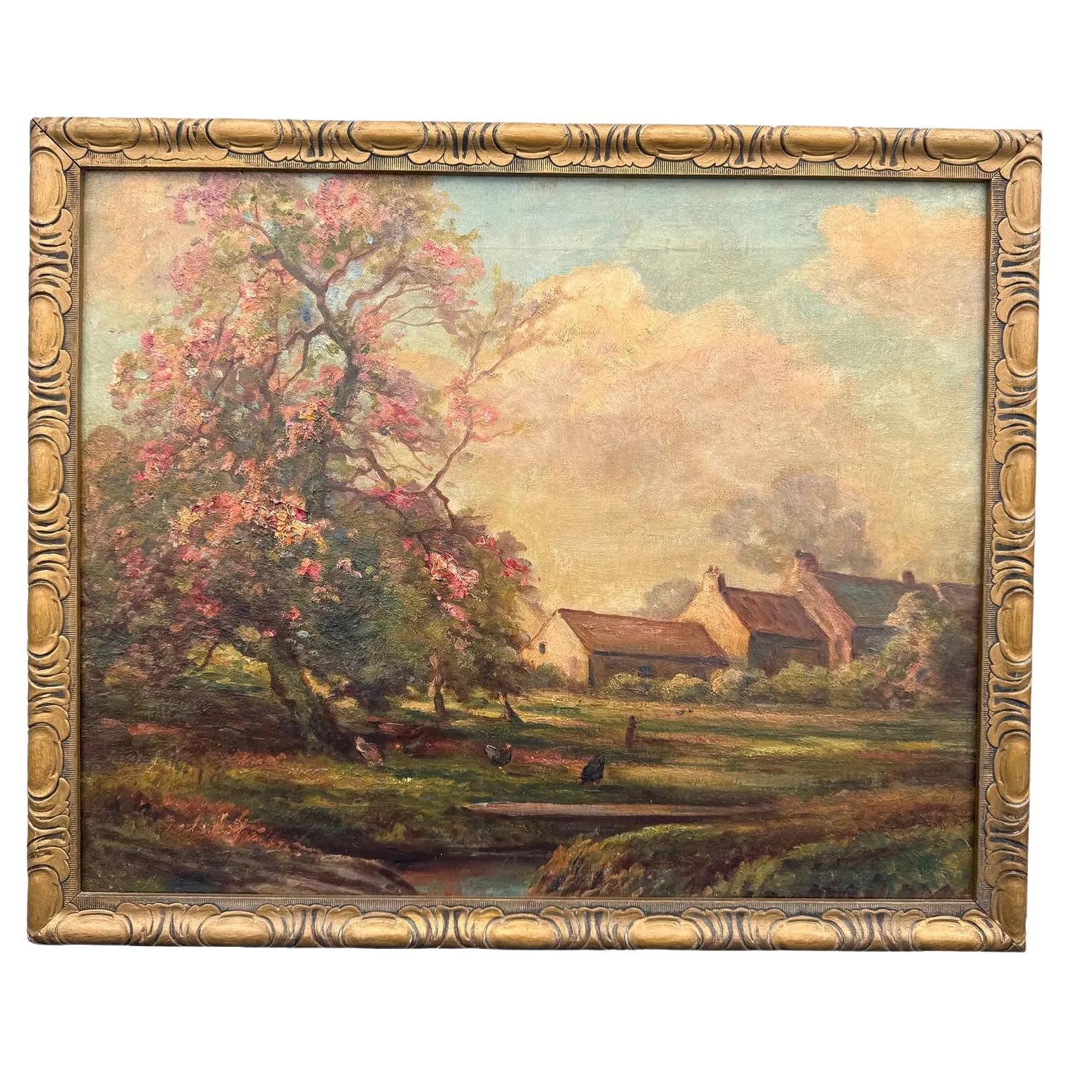 Huile sur toile - Village anglais du XIXe siècle au bord d'un cours d'eau