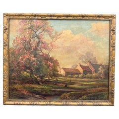 Huile sur toile - Village anglais du XIXe siècle au bord d'un cours d'eau
