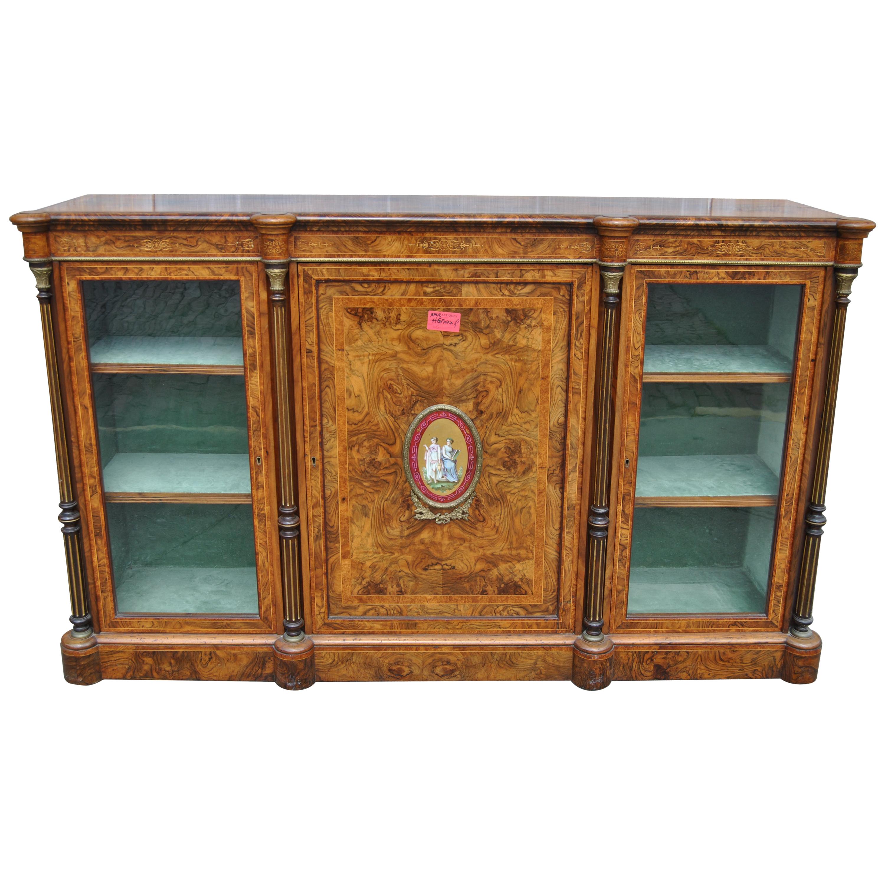 19th Century English Walnut and Burr Walnut Credenza / Server / Display Cabinet