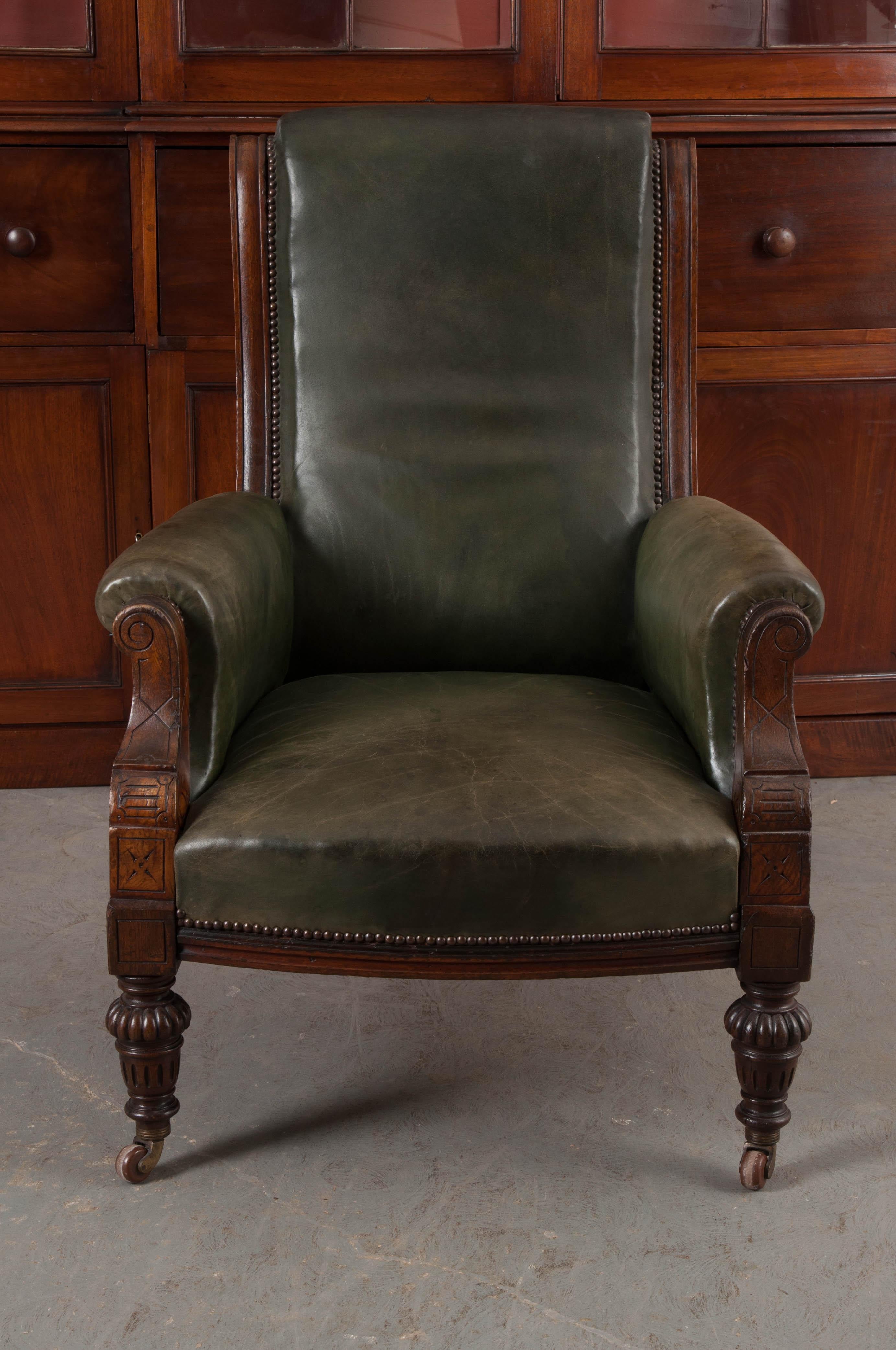 Brass 19th Century English Walnut and Leather Georgian Armchair