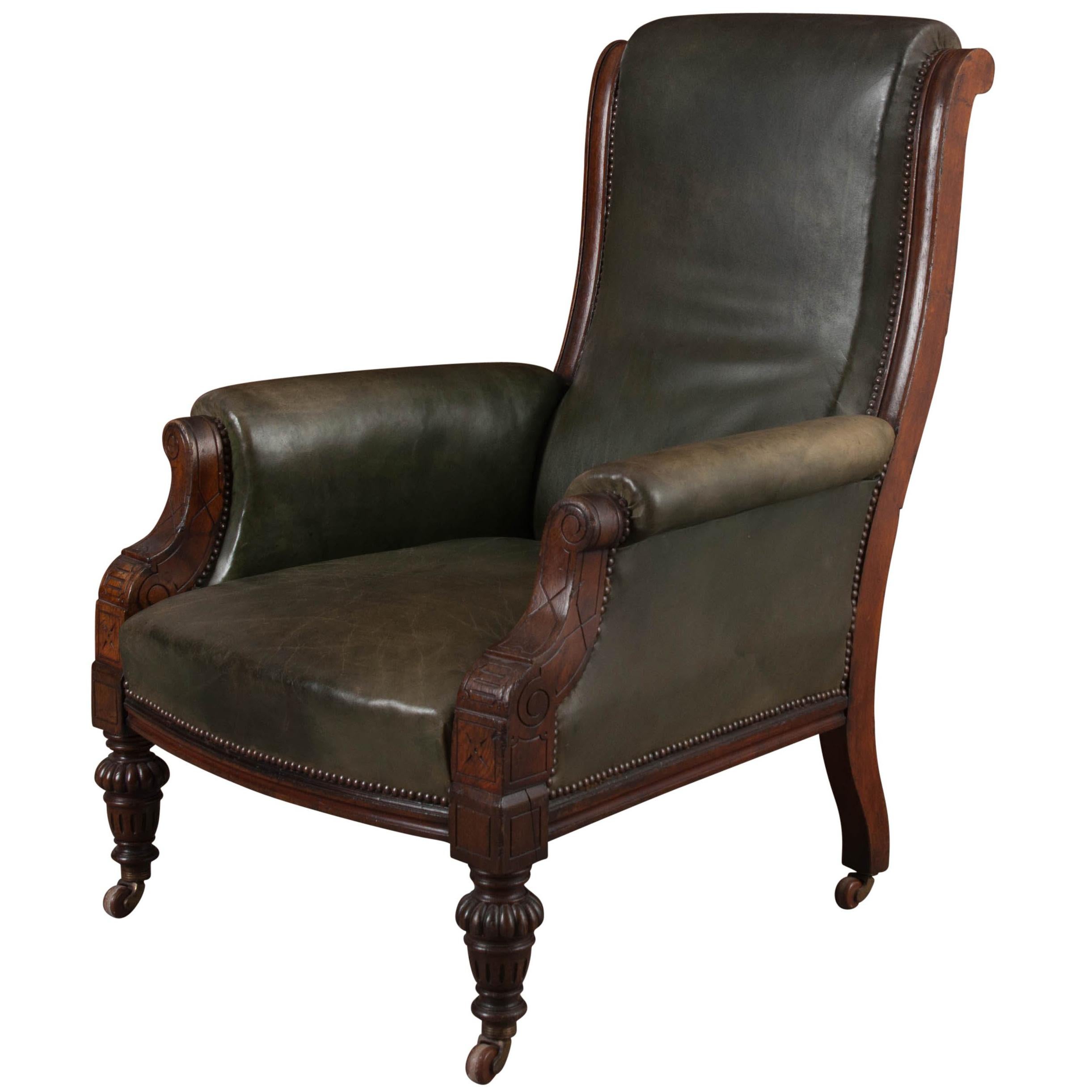 19th Century English Walnut and Leather Georgian Armchair