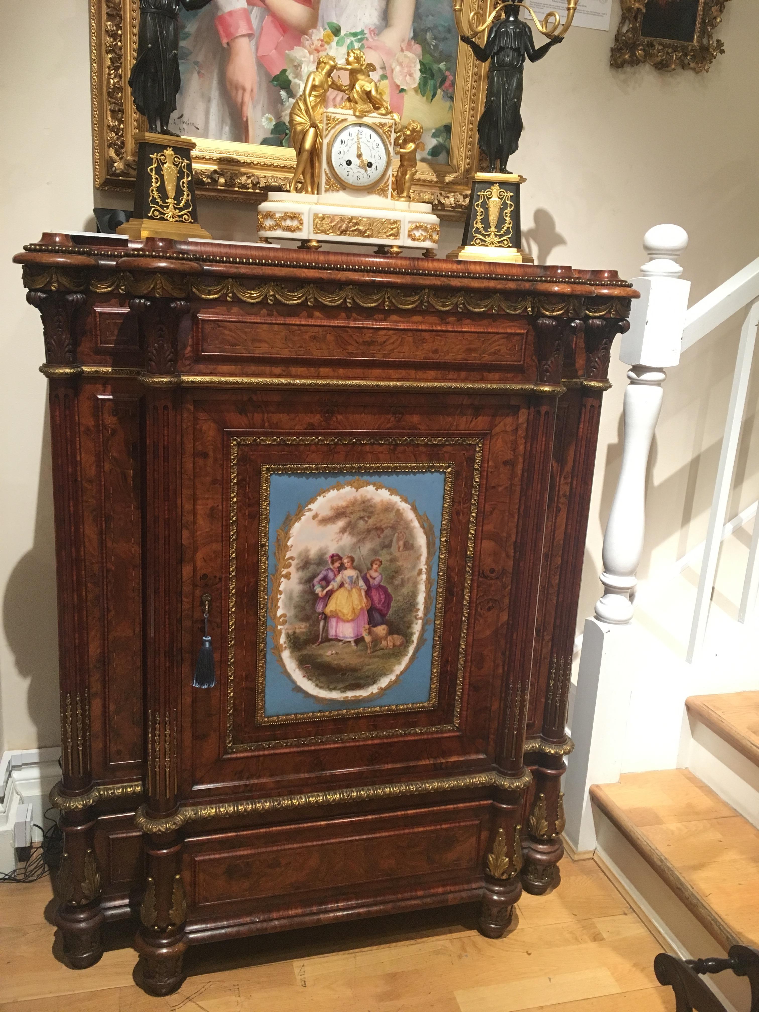 Victorian 19th Century English Walnut and Ormolu Cabinet with Sèvres Porcelain Plaque For Sale