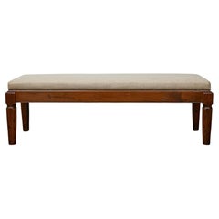 19th Century English Walnut Bench with Linen Upholstery and Brass Nailhead Trim 19th Century English Walnut Bench with Linen Upholstery and Brass Nailhead Trim