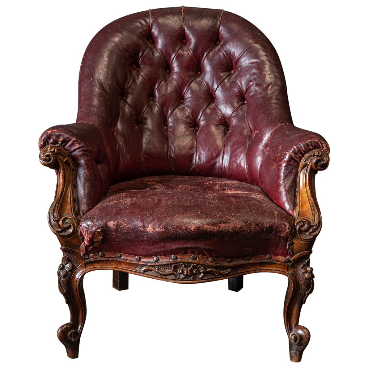 19th Century English Walnut Buttoned Library Armchair