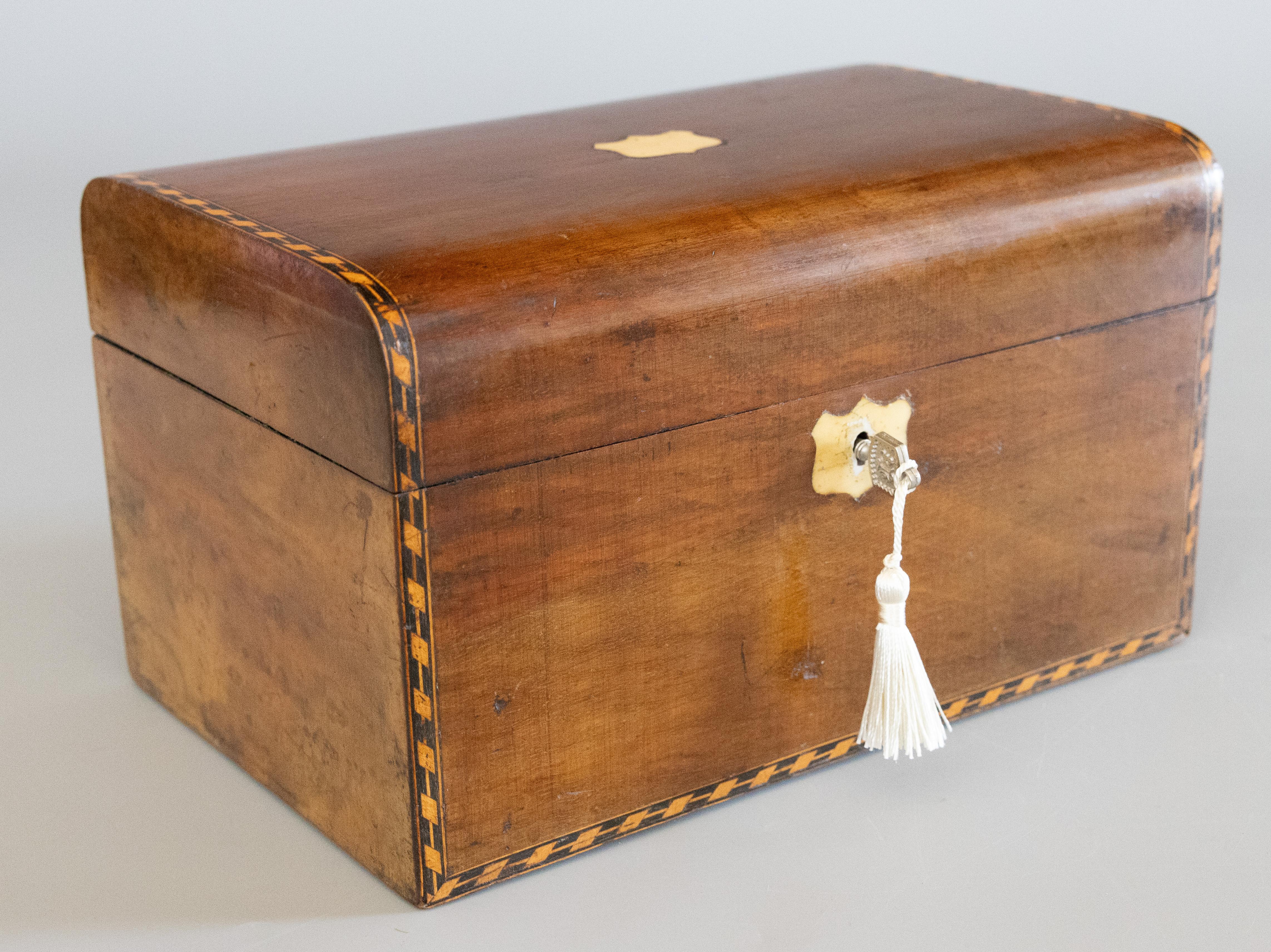 19th-Century English Walnut Domed Tunbridge Box, Lock & Key 5