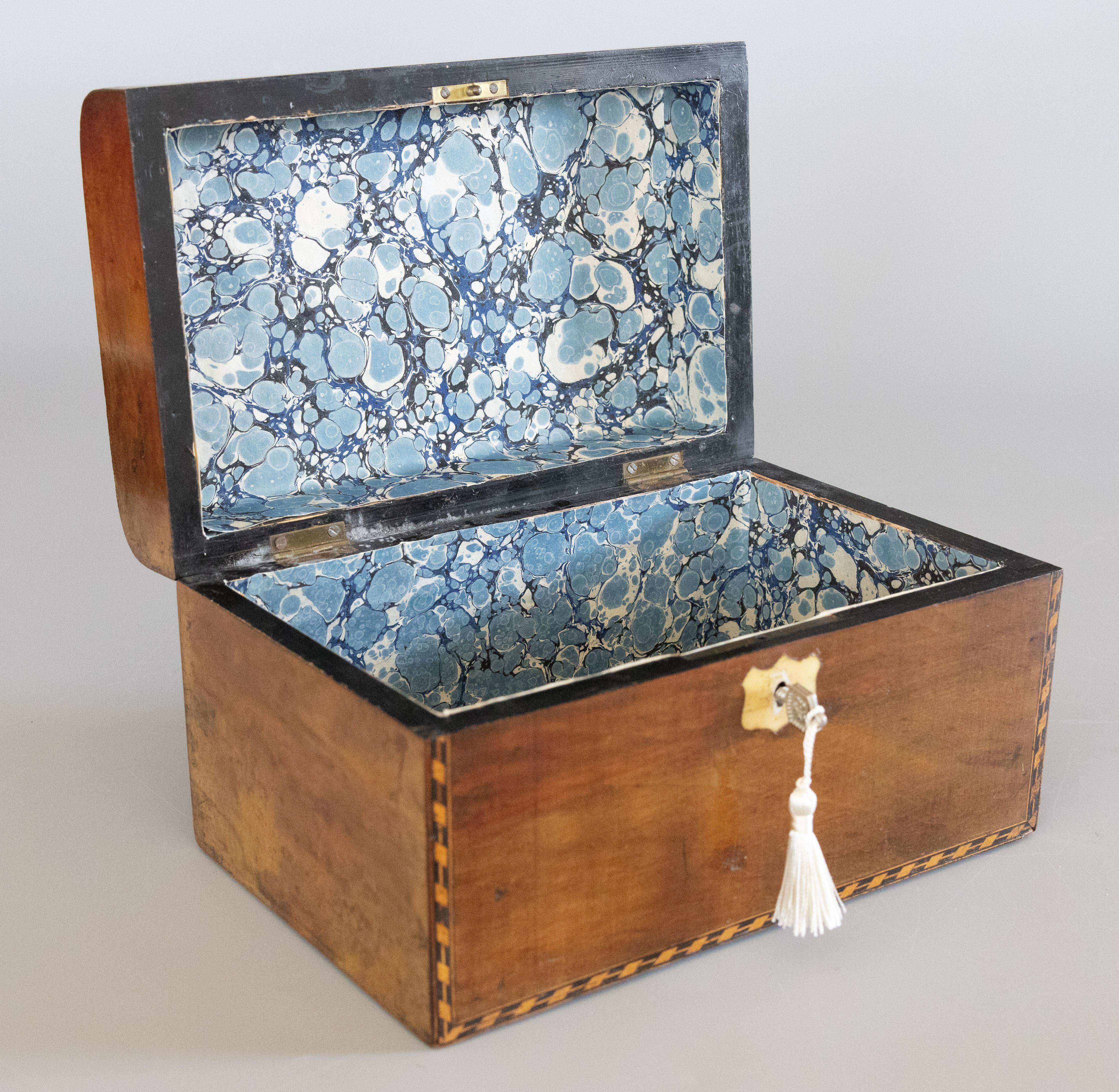 Inlay 19th-Century English Walnut Domed Tunbridge Box, Lock & Key