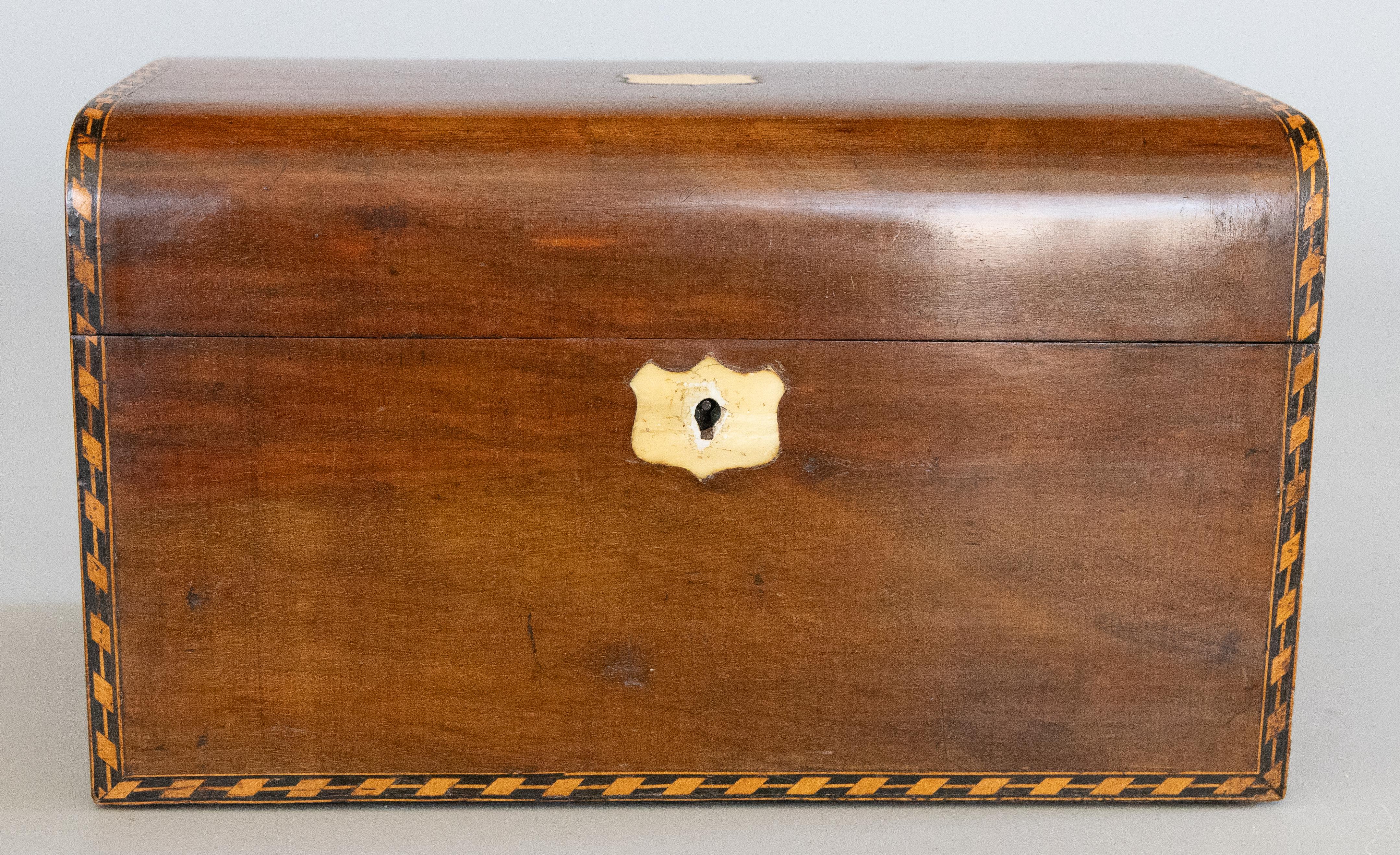 19th Century 19th-Century English Walnut Domed Tunbridge Box, Lock & Key