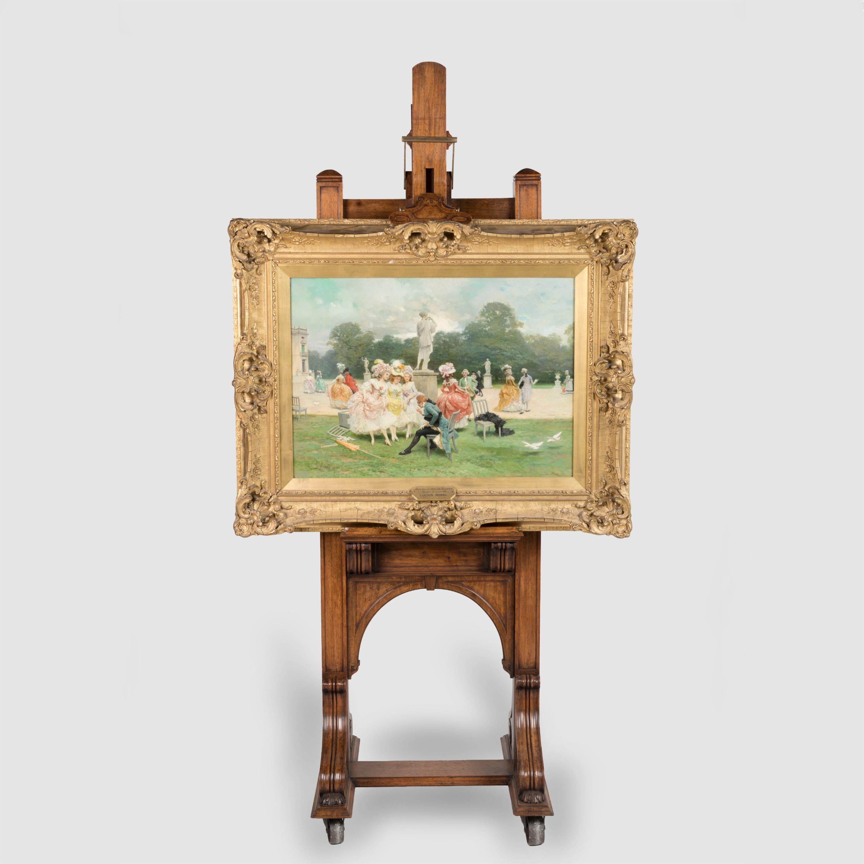 An Elegant Gallery Easel

Of architectonic design, the walnut easel with carefully crafted details and restrained carved ornament, the vertical uprights buttressed by curved volutes, the picture ledge with projecting corbels and spandrels below,