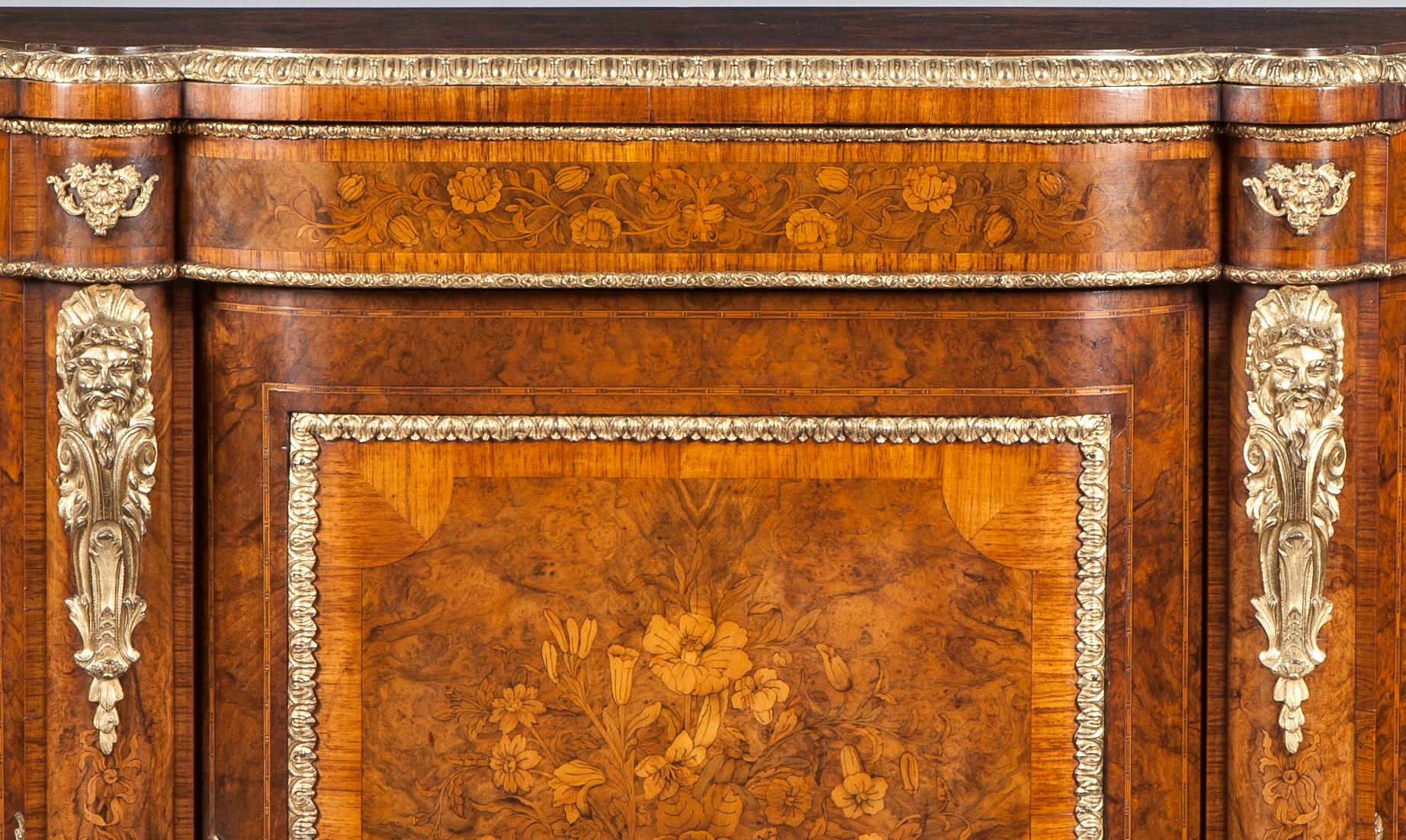 Louis XIV 19th Century English Walnut Inlaid Floral Marquetry and Bronze Mounted Credenza For Sale