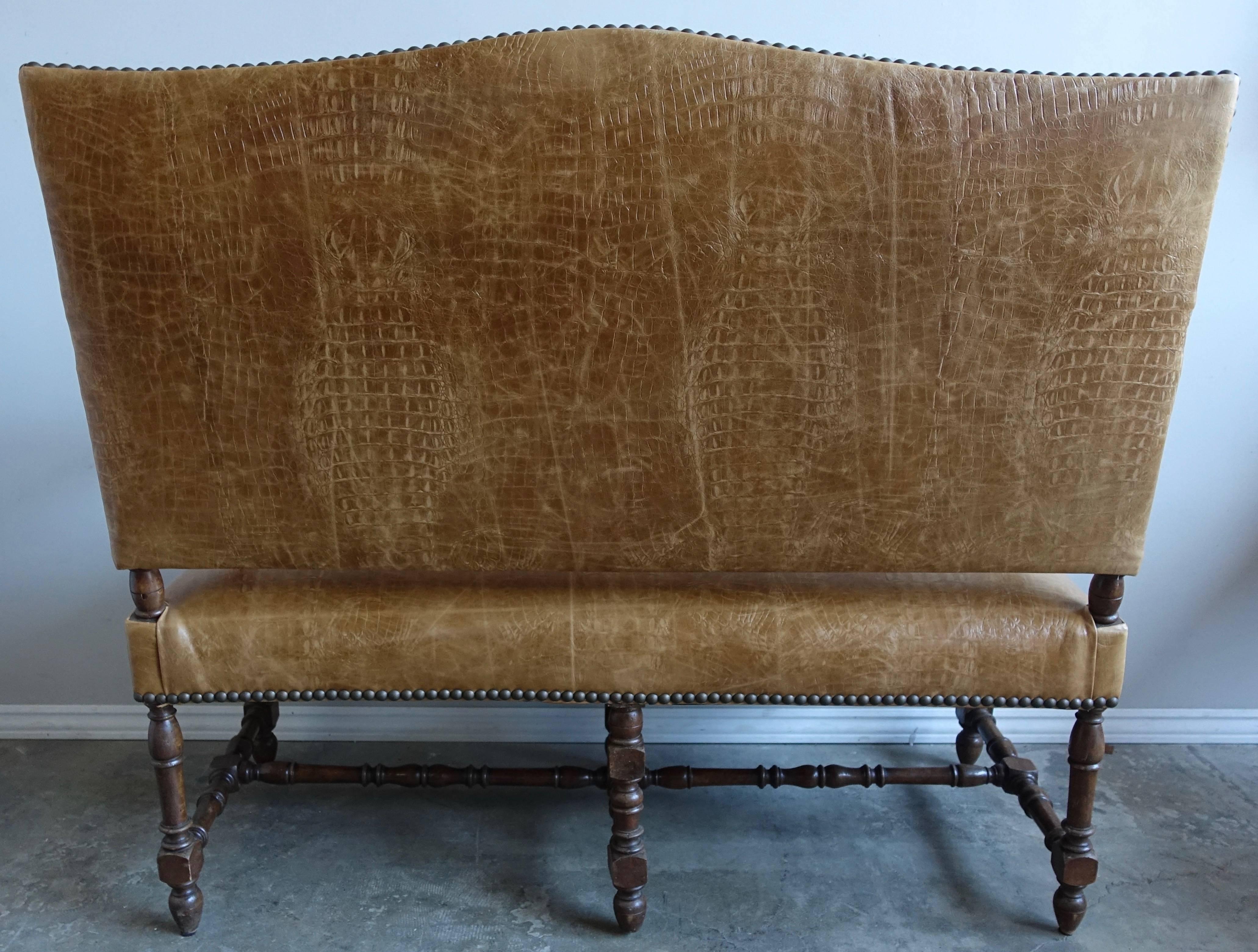 Embossed 19th Century English Walnut Leather Upholstered Bench