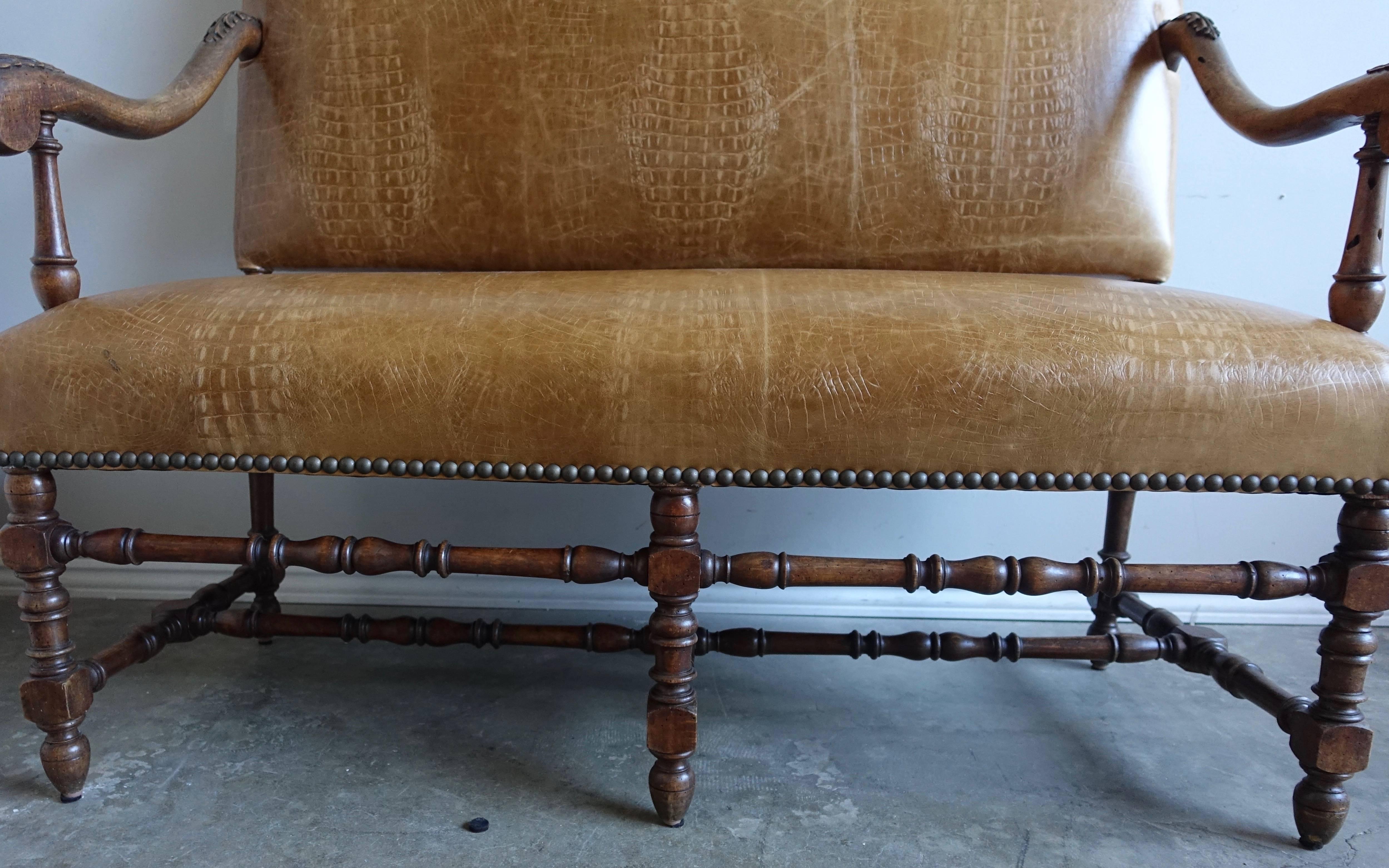 19th Century English Walnut Leather Upholstered Bench 3