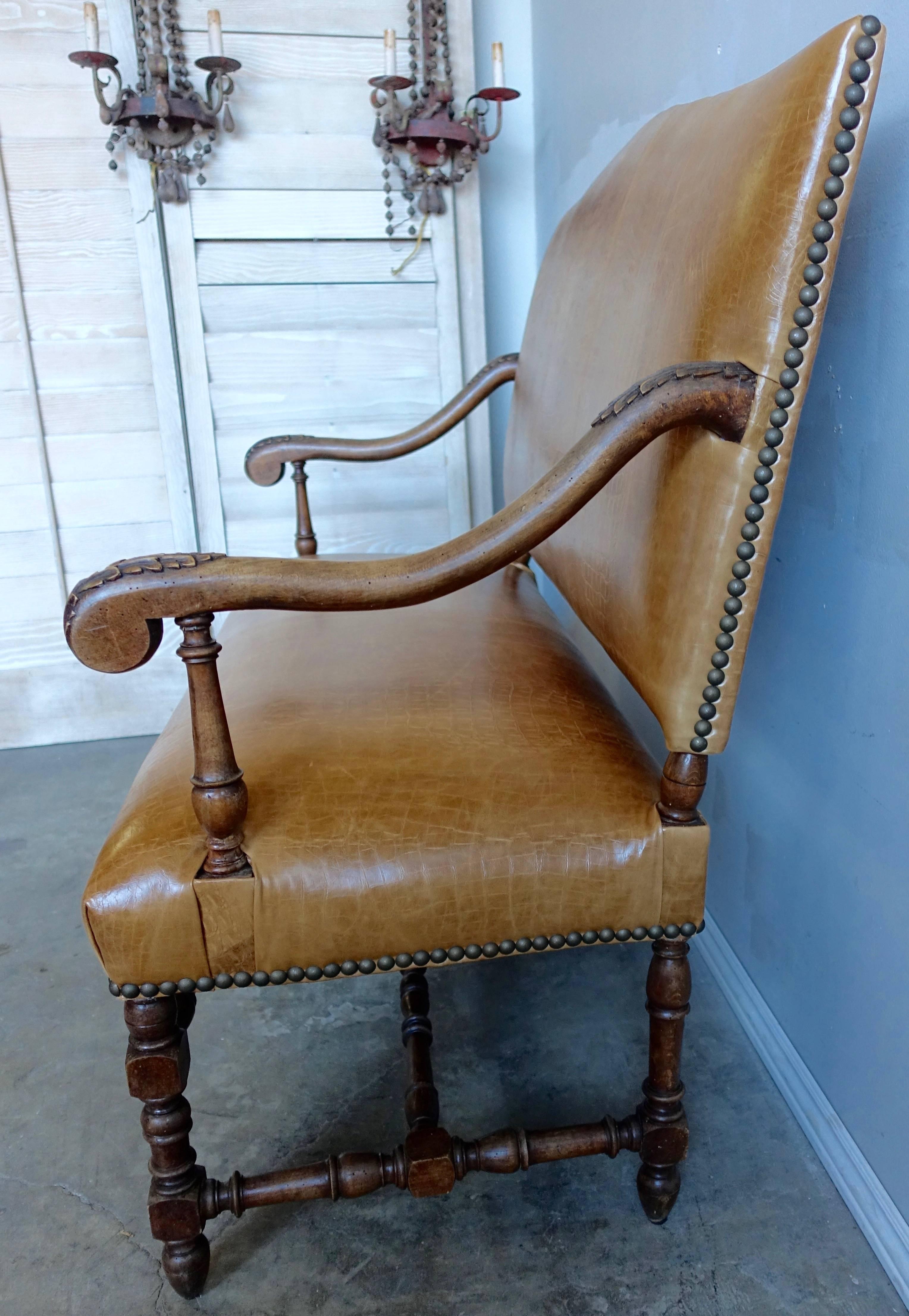 19th Century English Walnut Leather Upholstered Bench 4