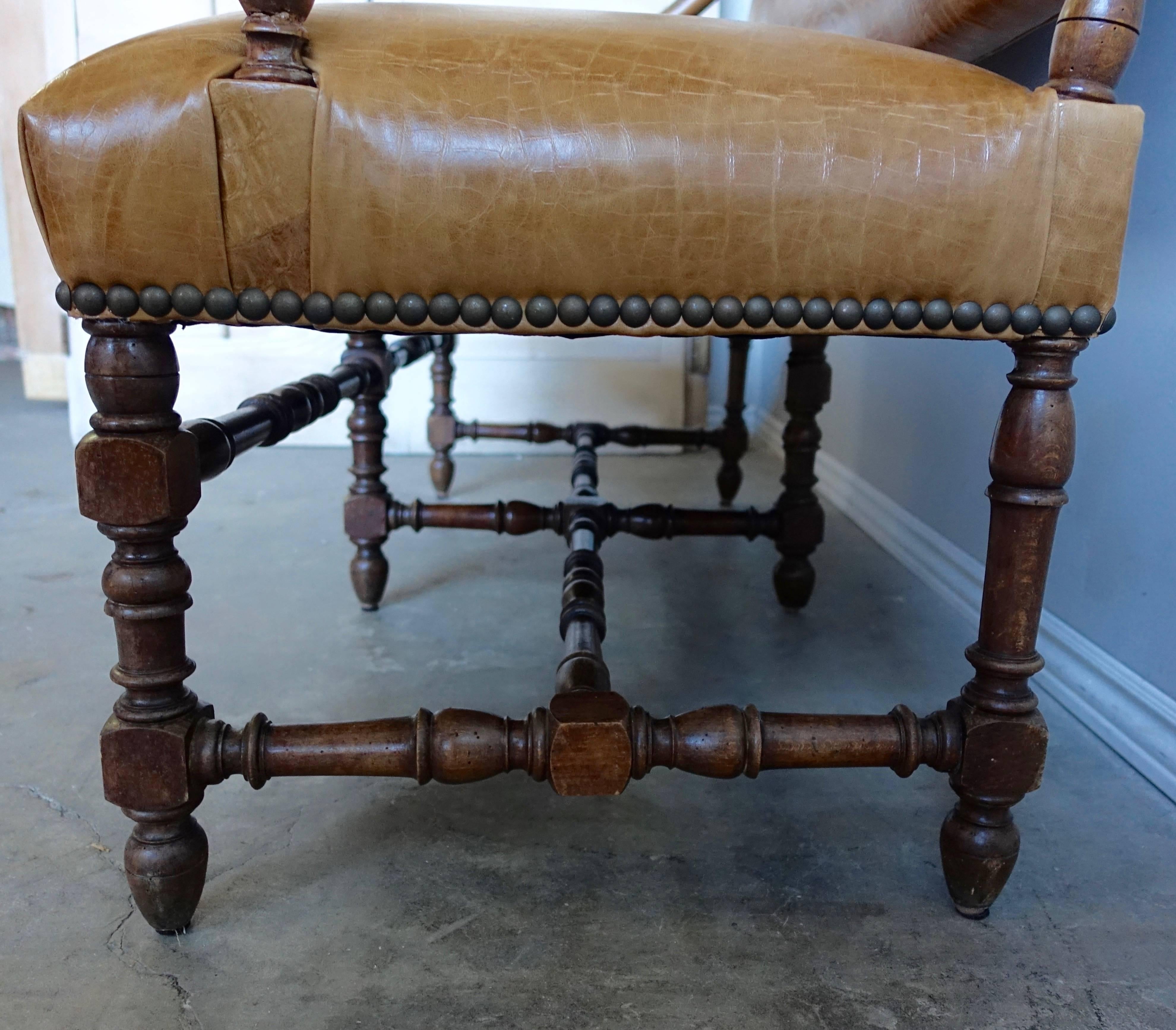 19th Century English Walnut Leather Upholstered Bench 5