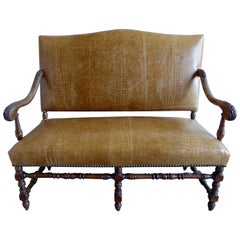 19th Century English Walnut Leather Upholstered Bench