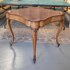 19th Century English Walnut Root Wood Folding Game Console Table w/ Leather Top
