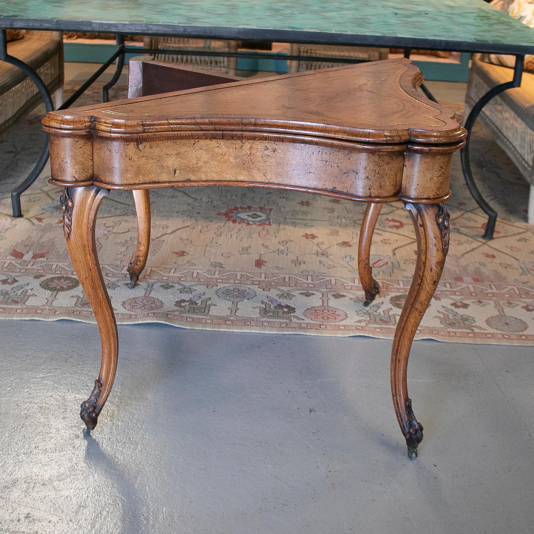 19th Century English Walnut Root Wood Folding Game Console Table w/ Leather Top 1