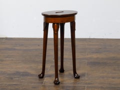 19th-Century English Walnut Stool with Hand-Cut Central Handle and Pad Feet