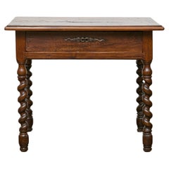 19th Century English Walnut Table with Barley Twist Legs and Single Drawer