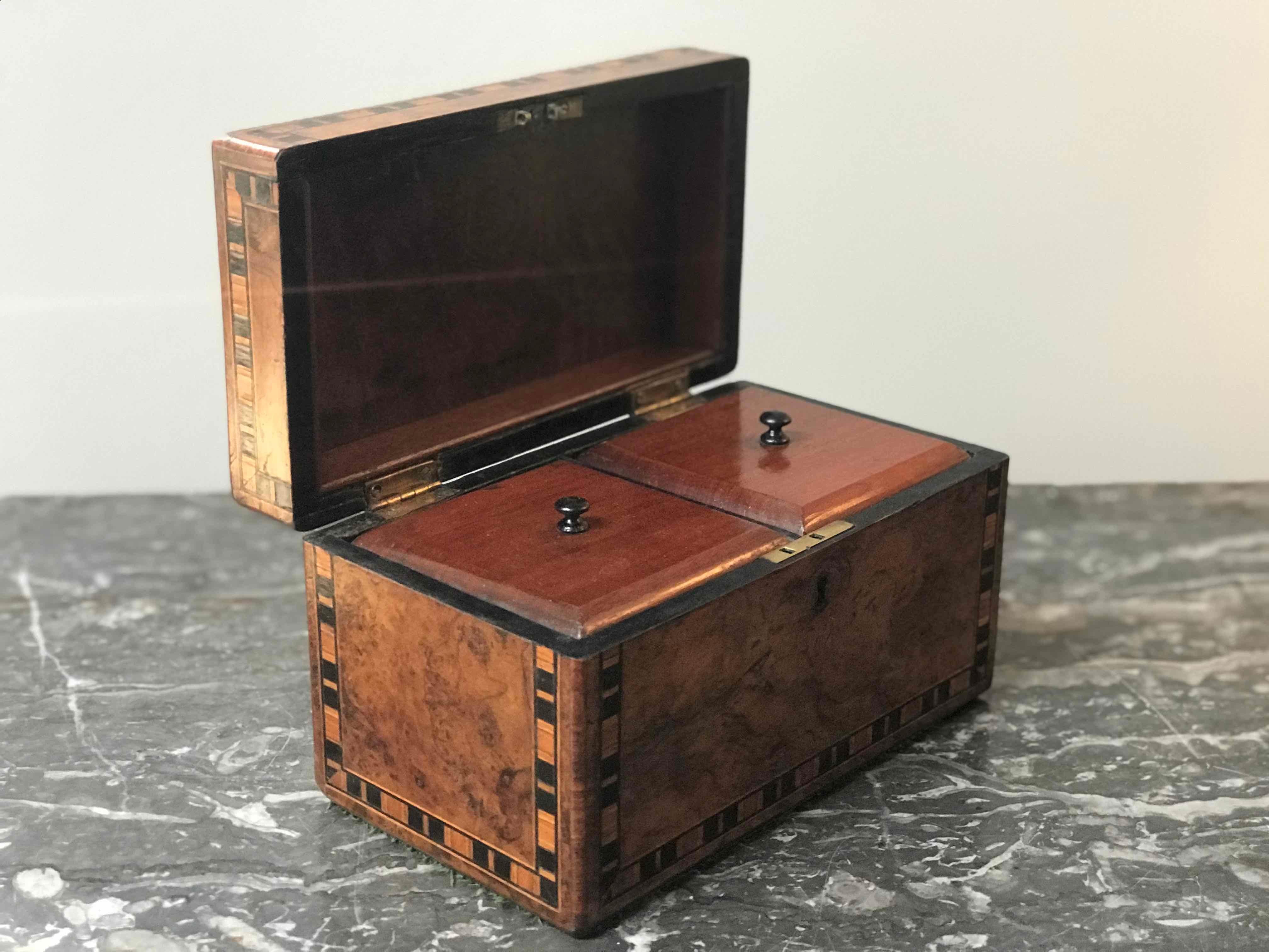 19th Century English Walnut Tea Caddy Box with Inlay  1