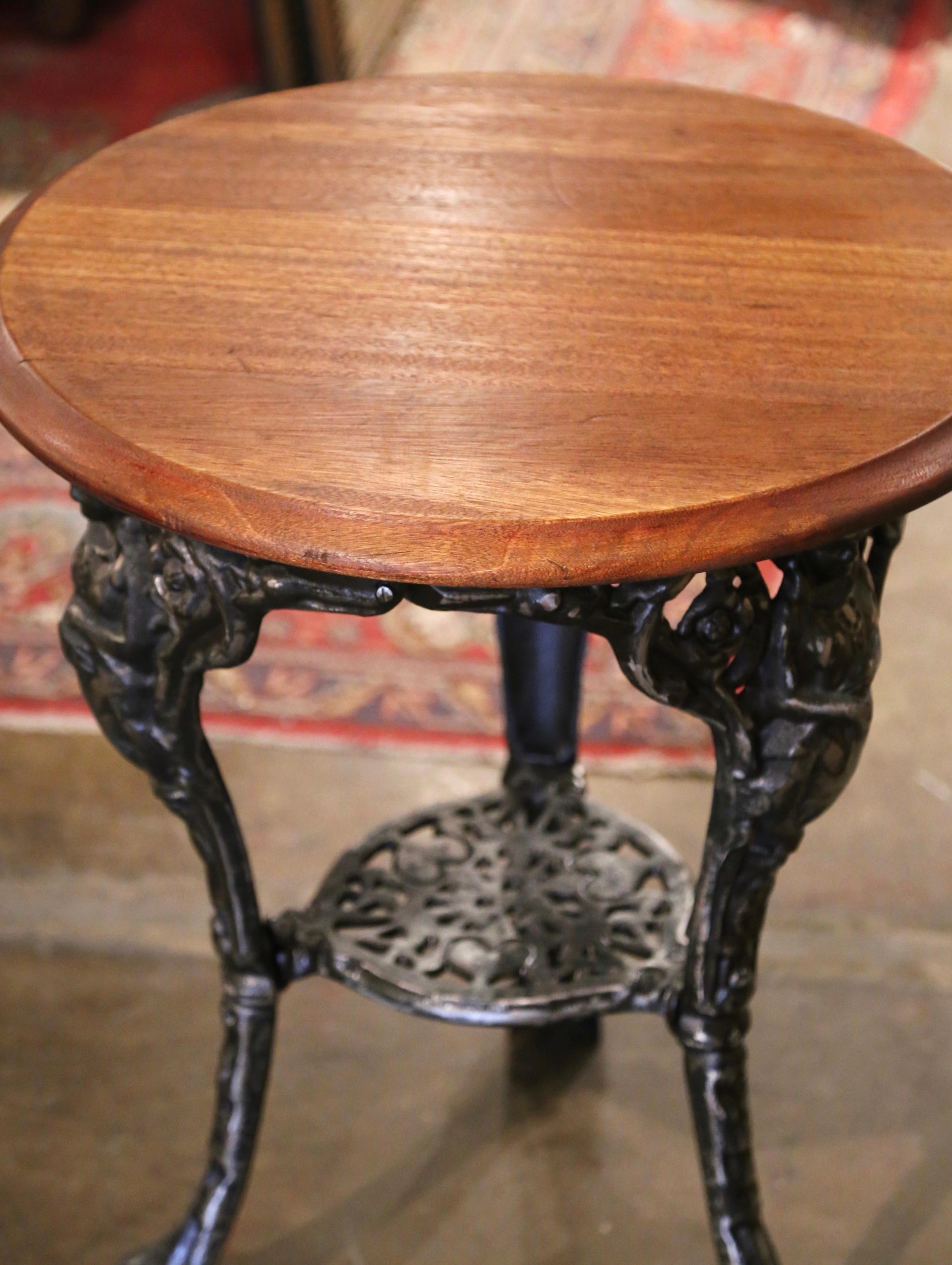 Hand-Crafted 19th Century English Walnut Top Polished Iron Garden Bistrot Pub Table  For Sale
