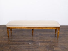 19th Century English Walnut Upholstered Bench with Five Turned Legs