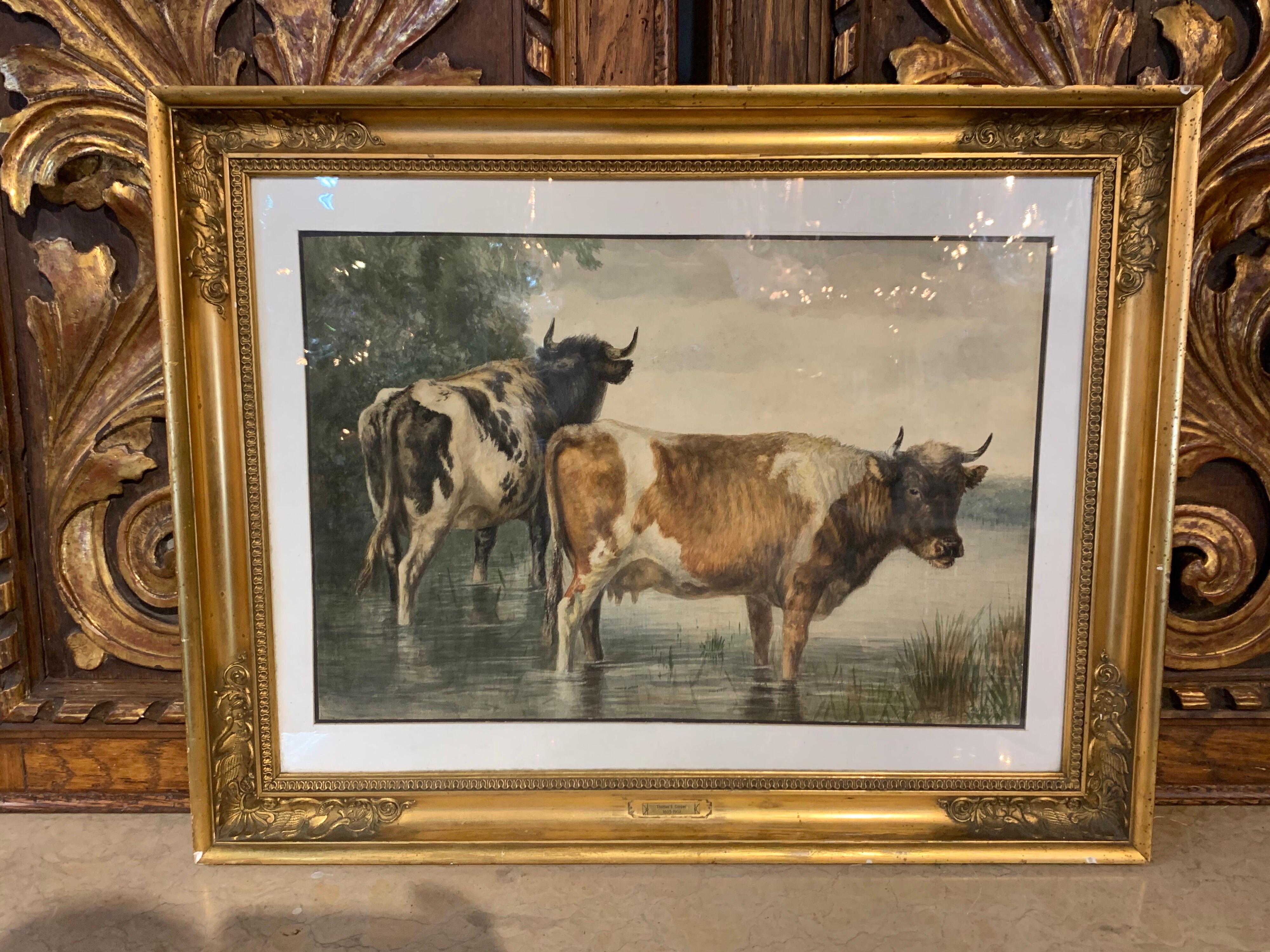19th Century English Watercolor of Cows By Thomas S. Cooper 1