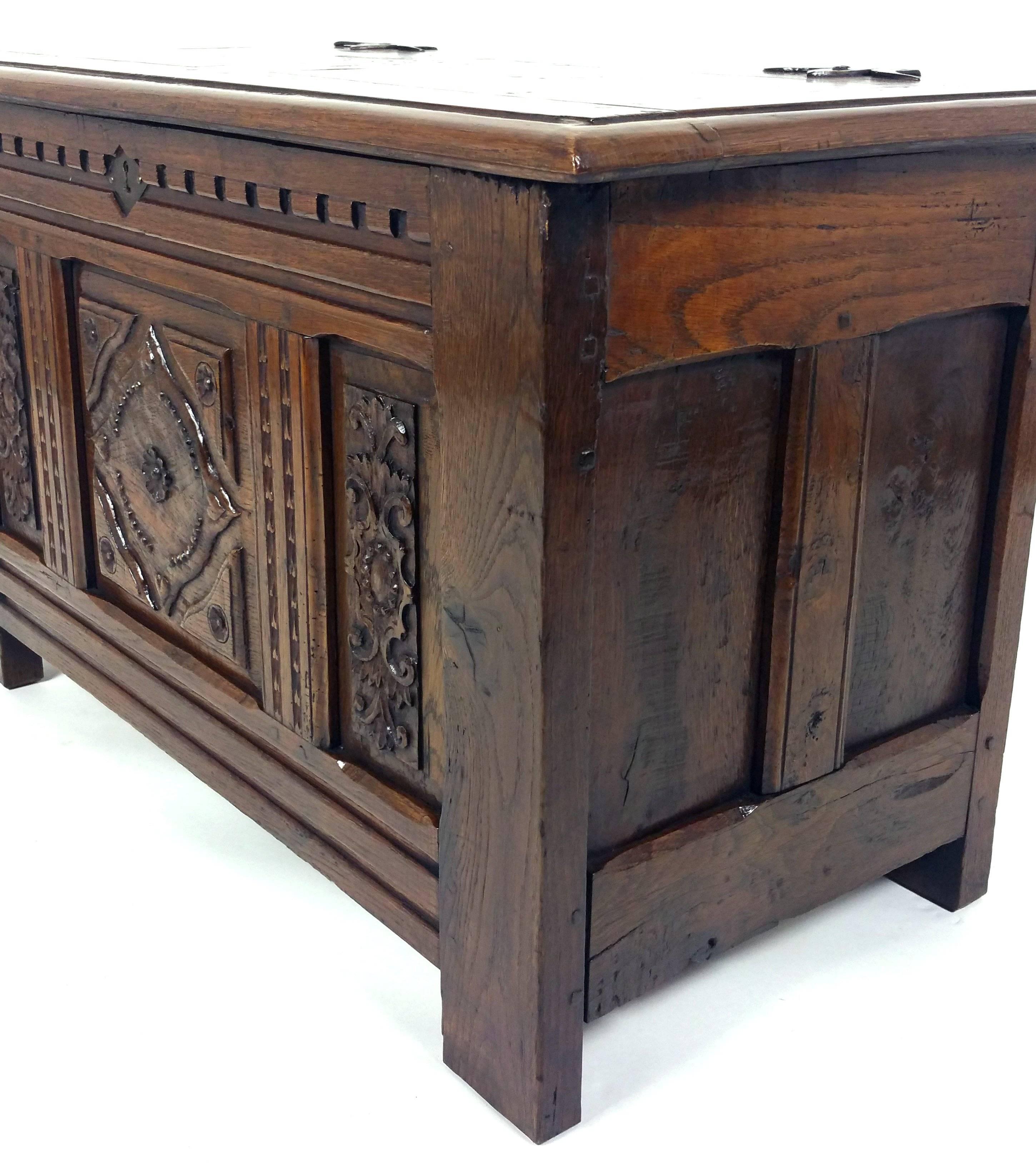 19th Century English Well-Proportioned Carved Oak Coffer 5