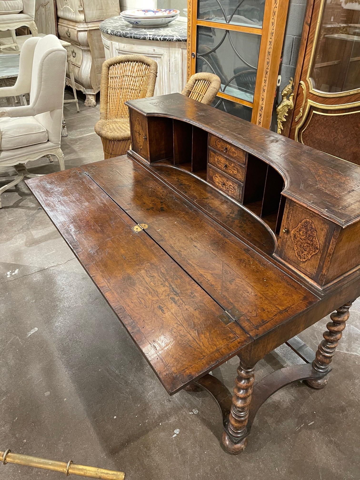 19th Century English William and Mary Carved and Inlaid Walnut Desk 1