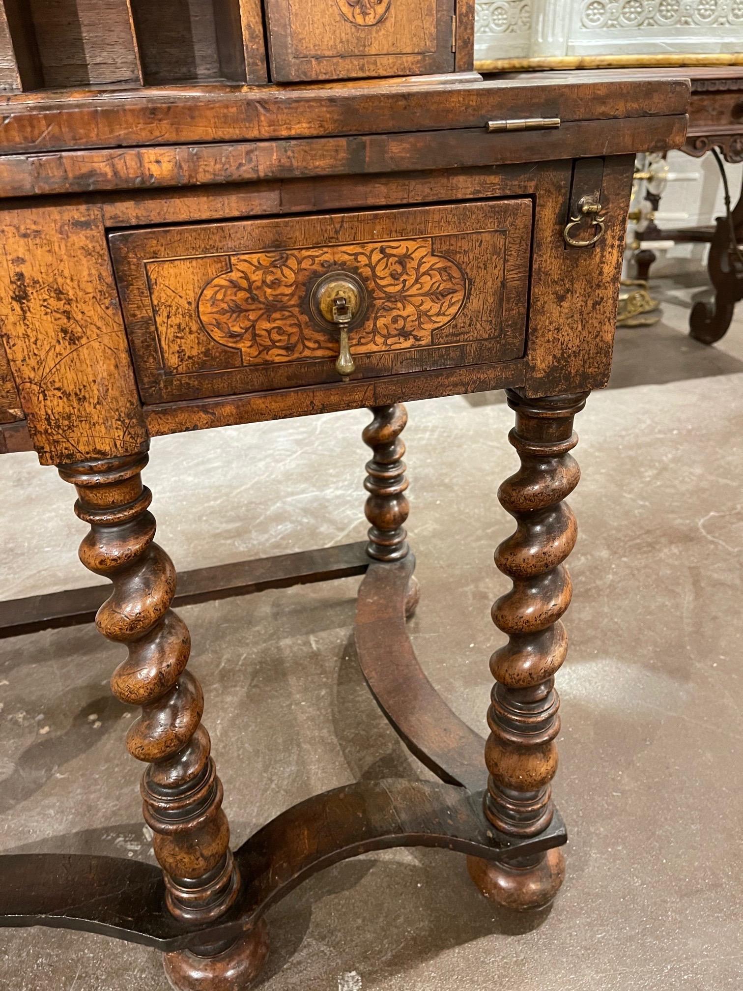 19th Century English William and Mary Carved and Inlaid Walnut Desk 2