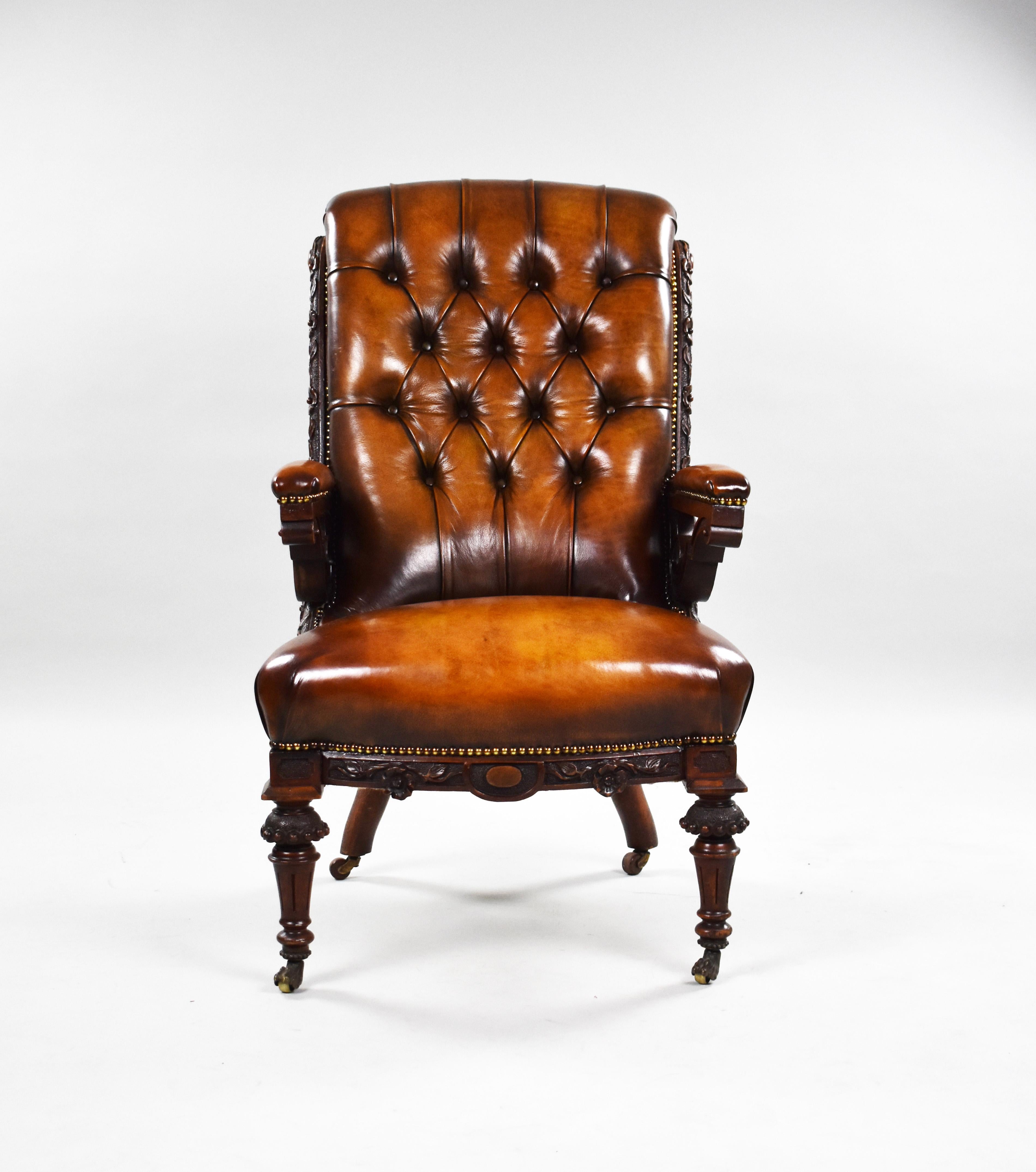 19th Century English William IV Hand Dyed Leather Gentlemans Library Chair In Good Condition In Chelmsford, Essex