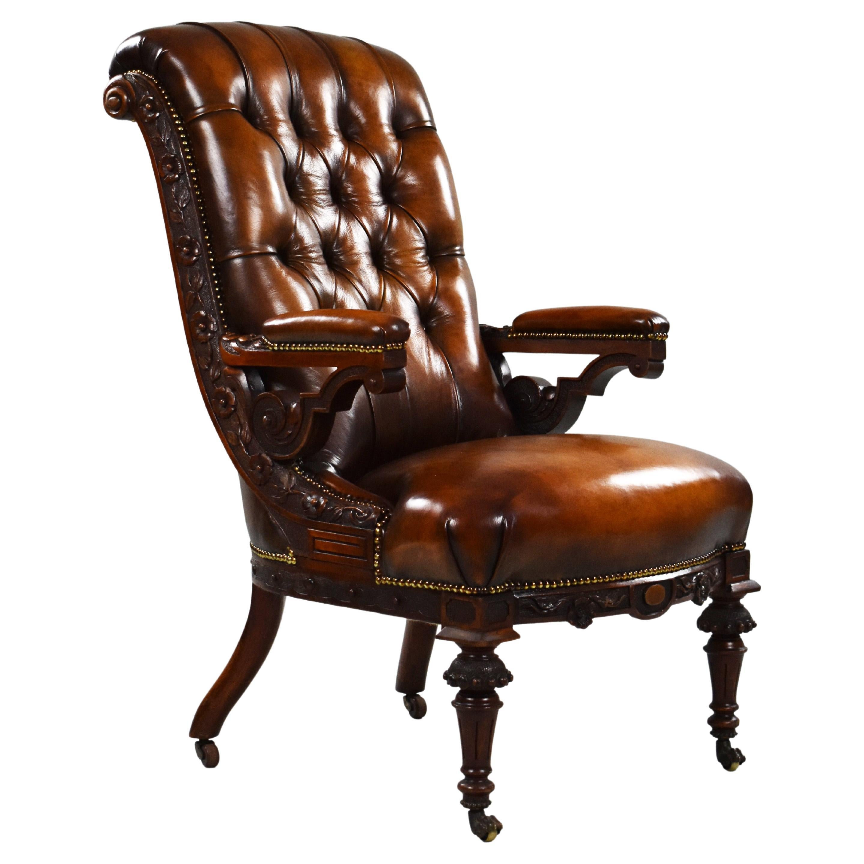 19th Century English William IV Hand Dyed Leather Gentlemans Library Chair