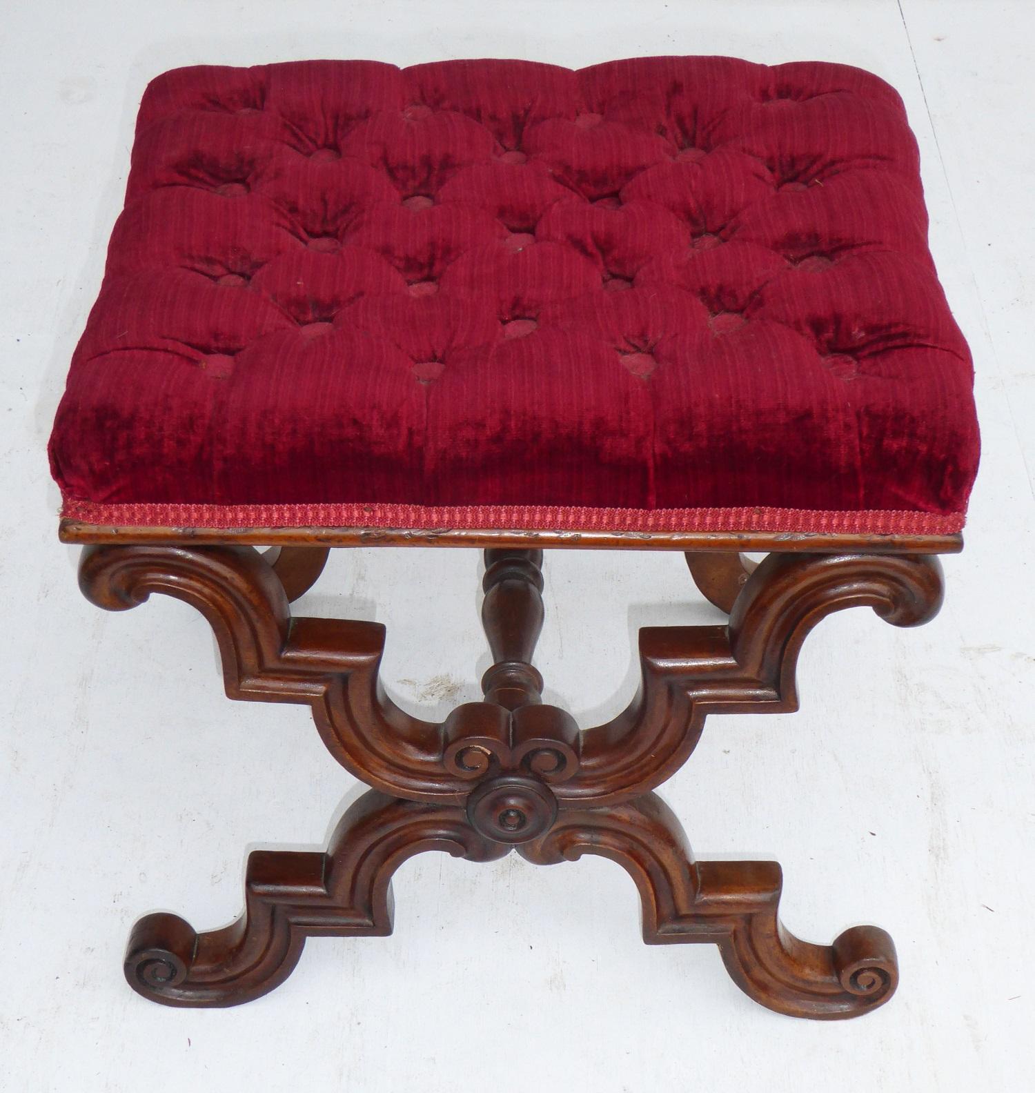 For sale is a good quality William IV mahogany foot stool. The stool is buttoned and upholstered in a red fabric. It is in good condition for its age. 

Measures: Width 18