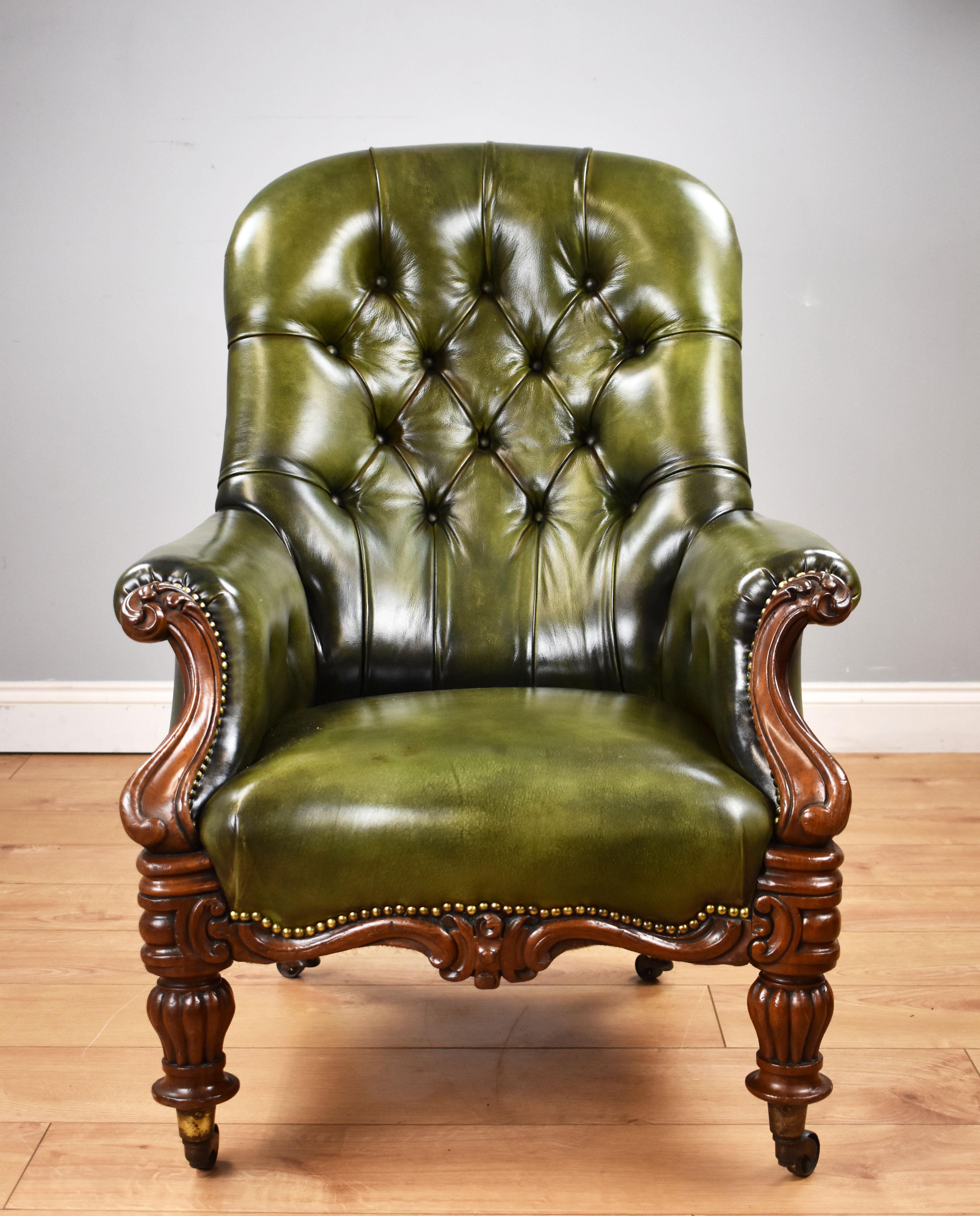 For sale is a good quality William IV hand dyed green leather library chair. Upholstered in good quality leather hide and then hand coloured to a lovely antique green finish, the chair has a deep buttoned back, above scroll arms with a superbly