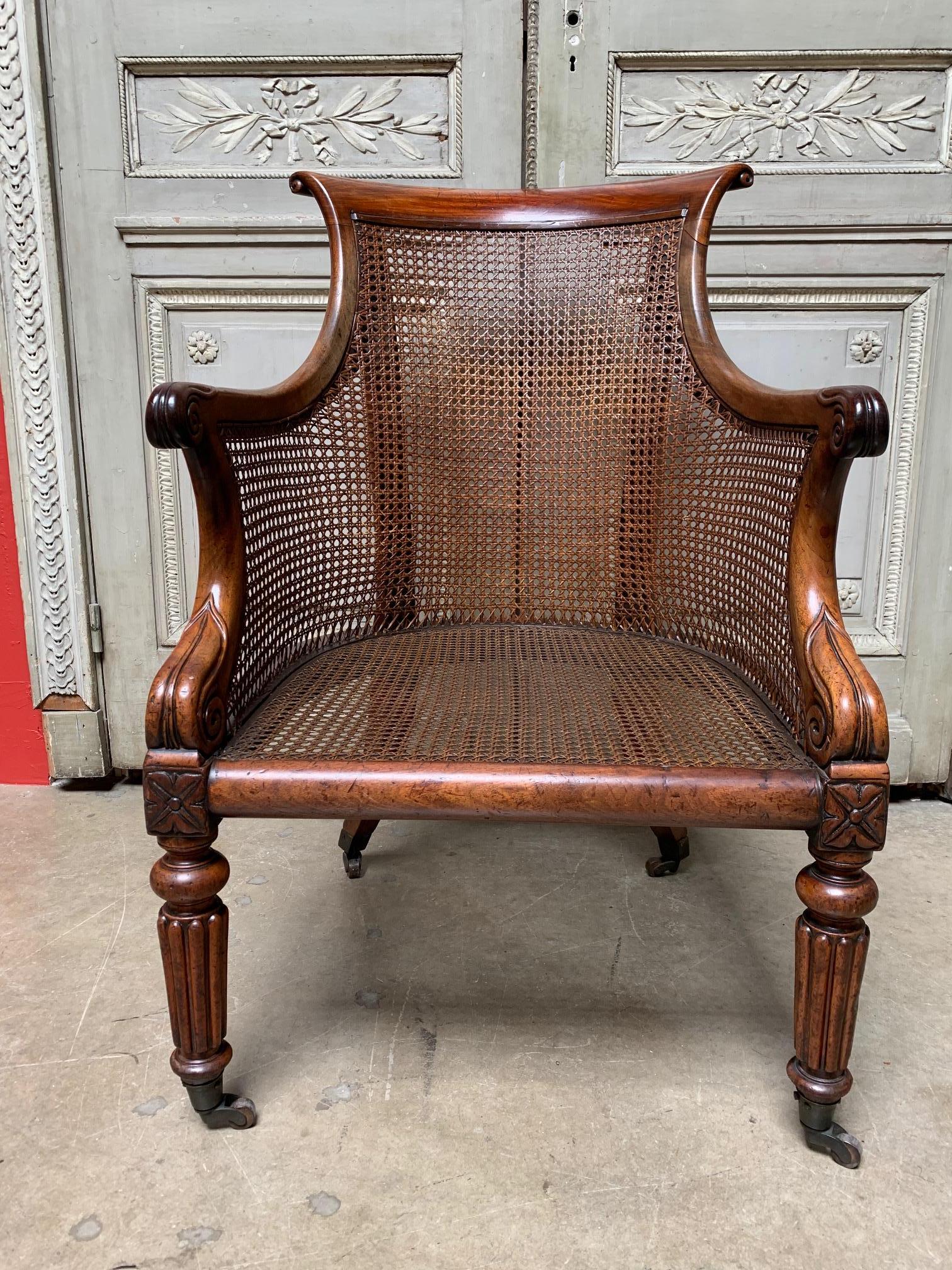Brass 19th Century English William IV Walnut Library Chair with Cane