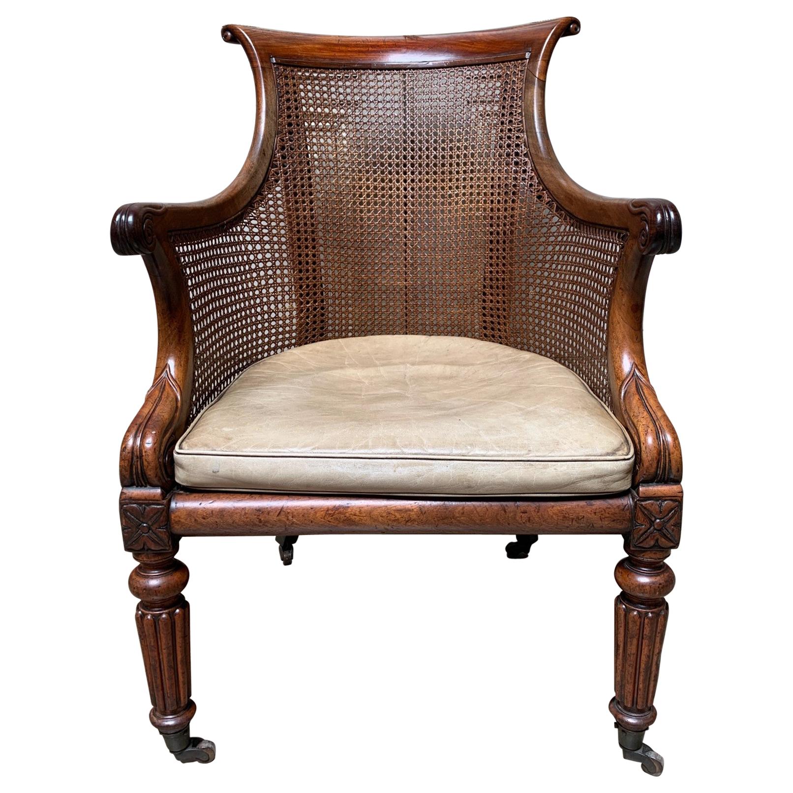 19th Century English William IV Walnut Library Chair with Cane
