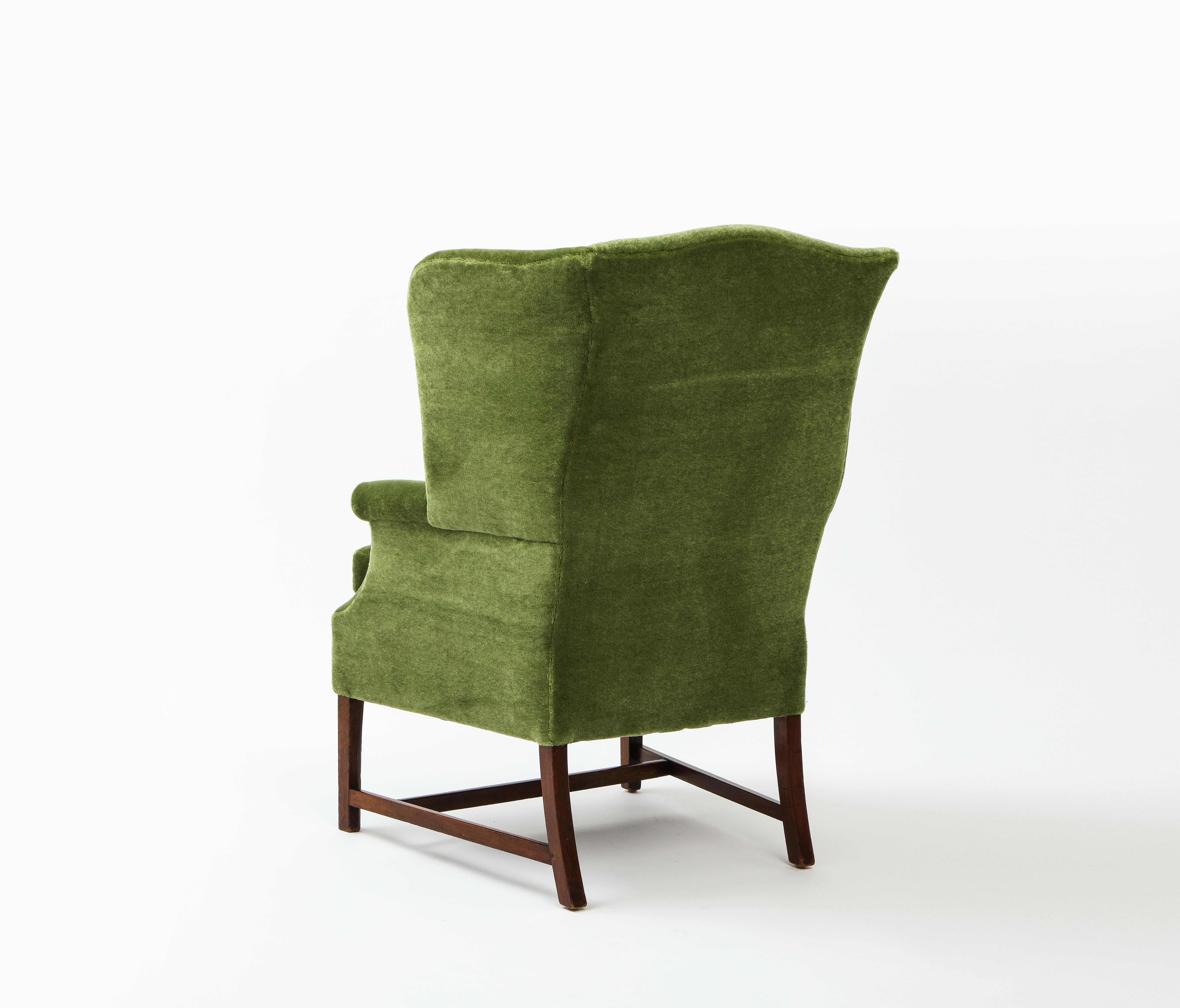 Wingback Library Chair in Green Pierre Frey Mohair, England late 19th Century 2