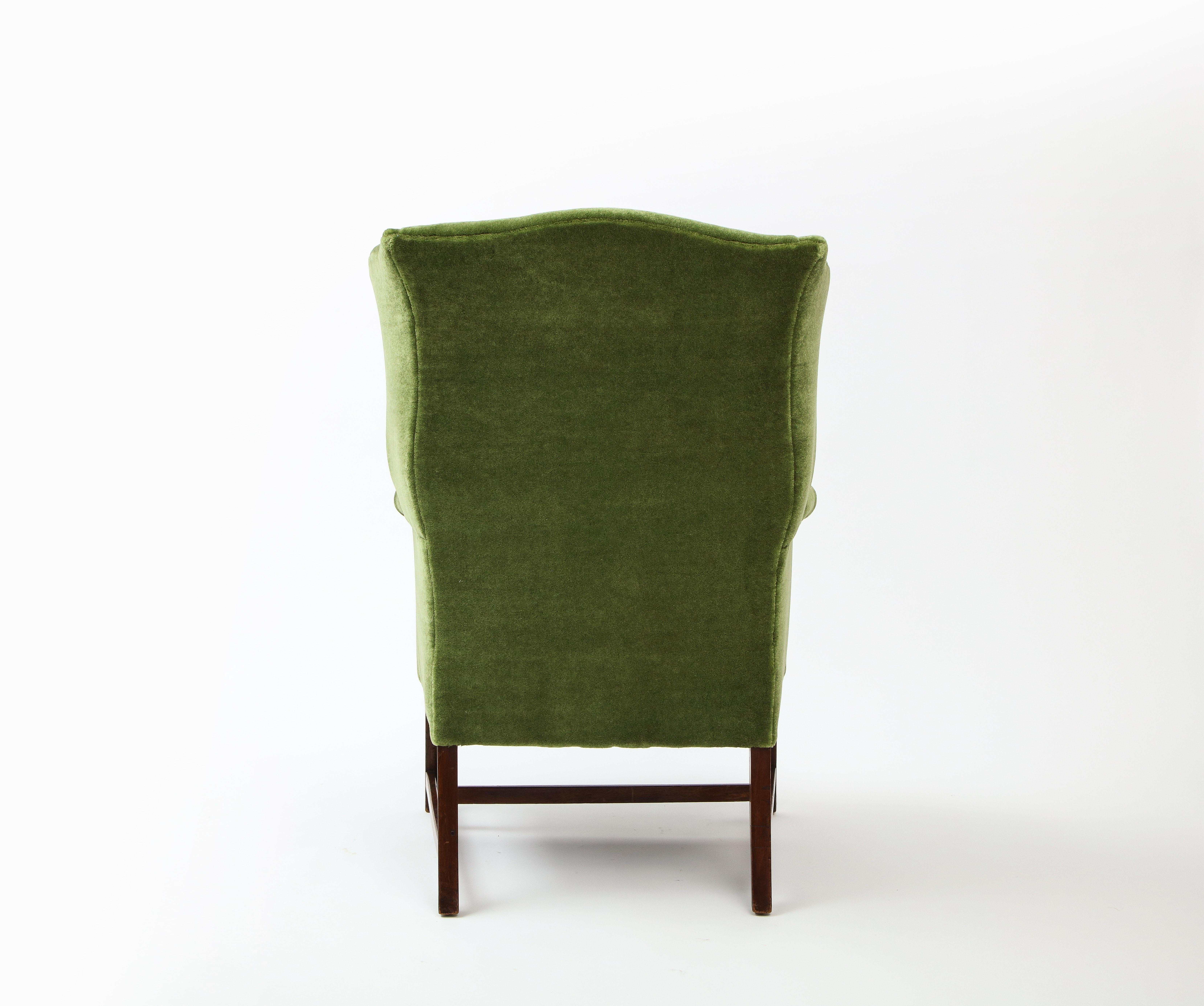 Wingback Library Chair in Green Pierre Frey Mohair, England late 19th Century 3