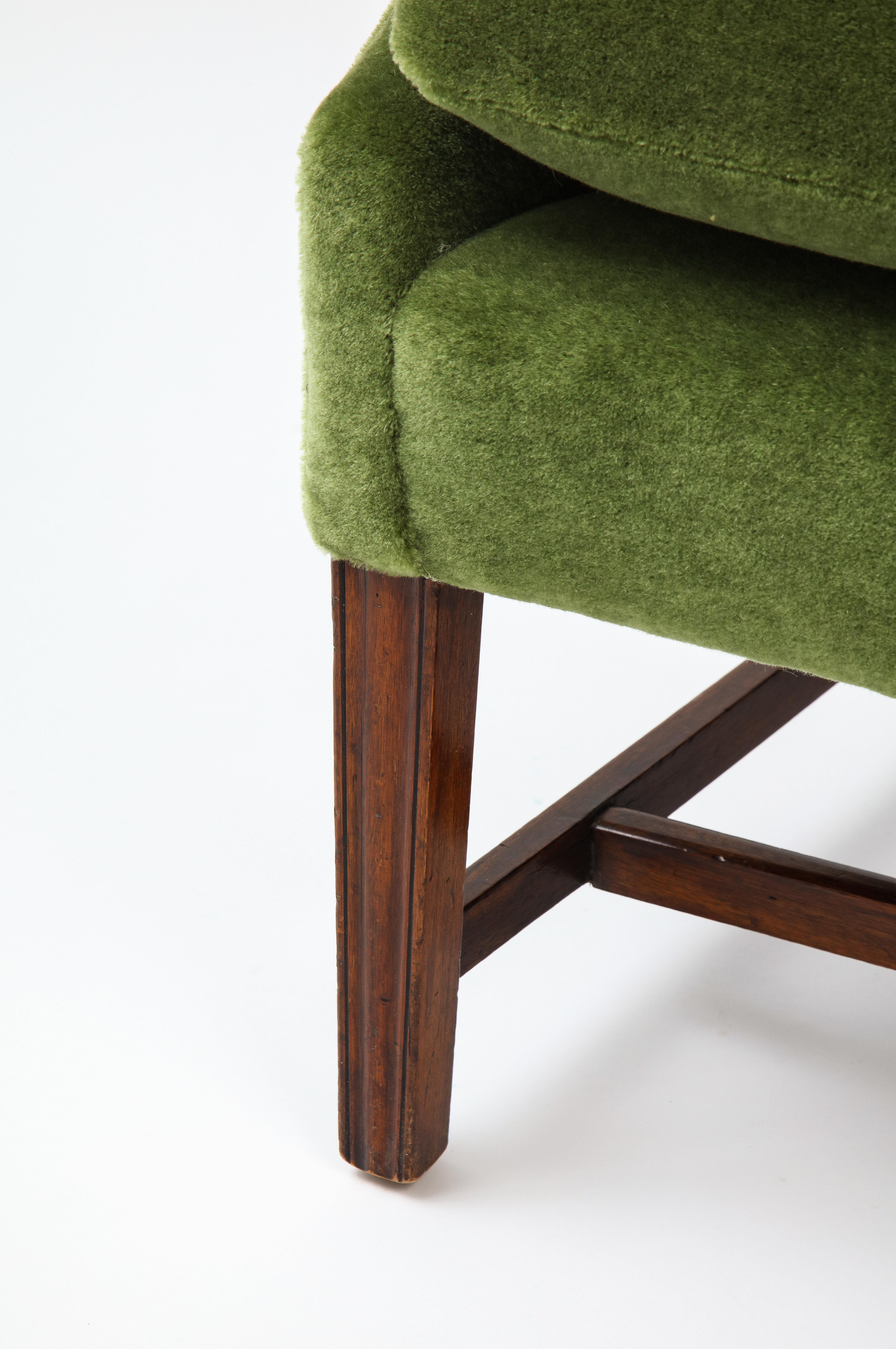 Sheraton Wingback Library Chair in Green Pierre Frey Mohair, England late 19th Century