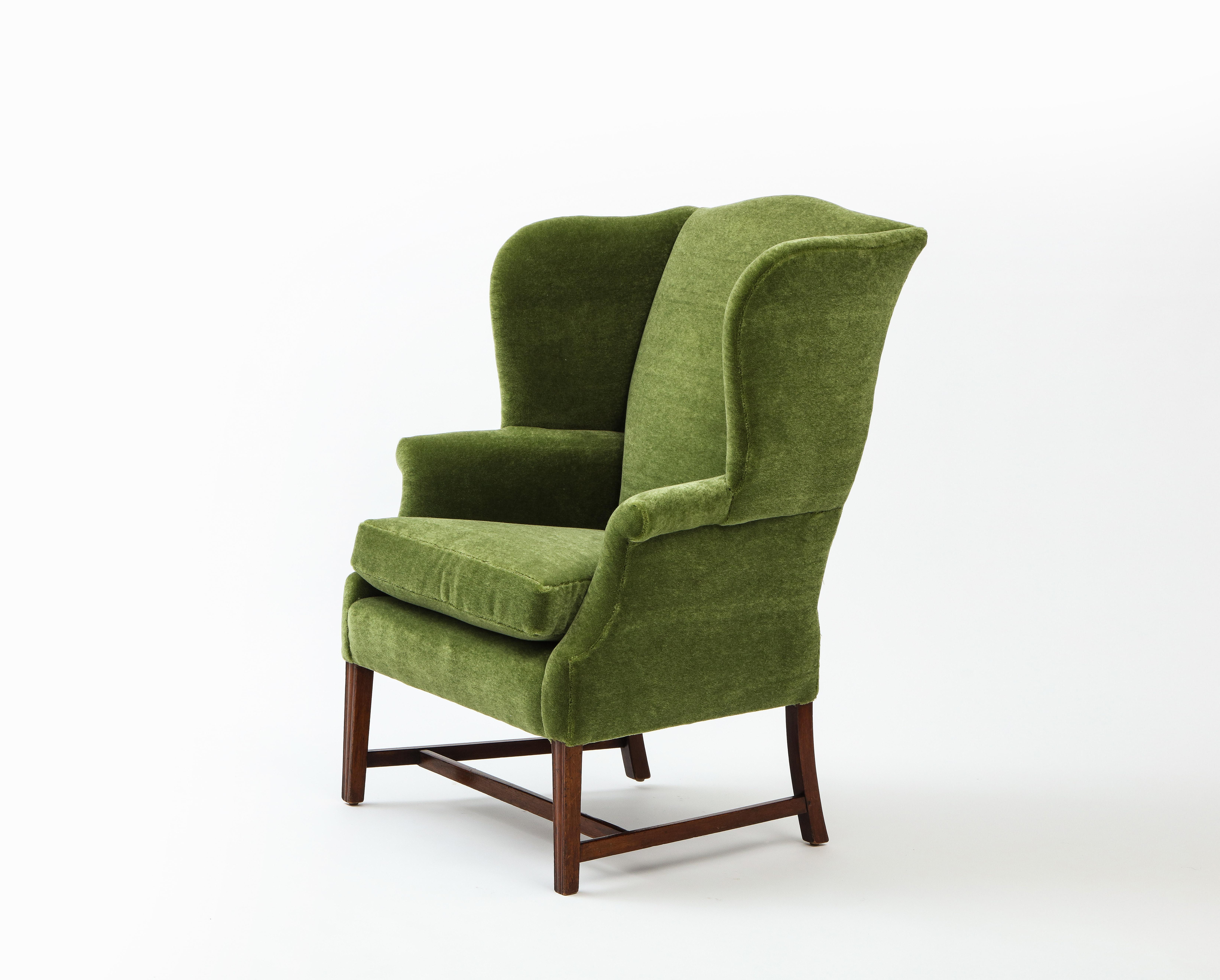 British Wingback Library Chair in Green Pierre Frey Mohair, England late 19th Century