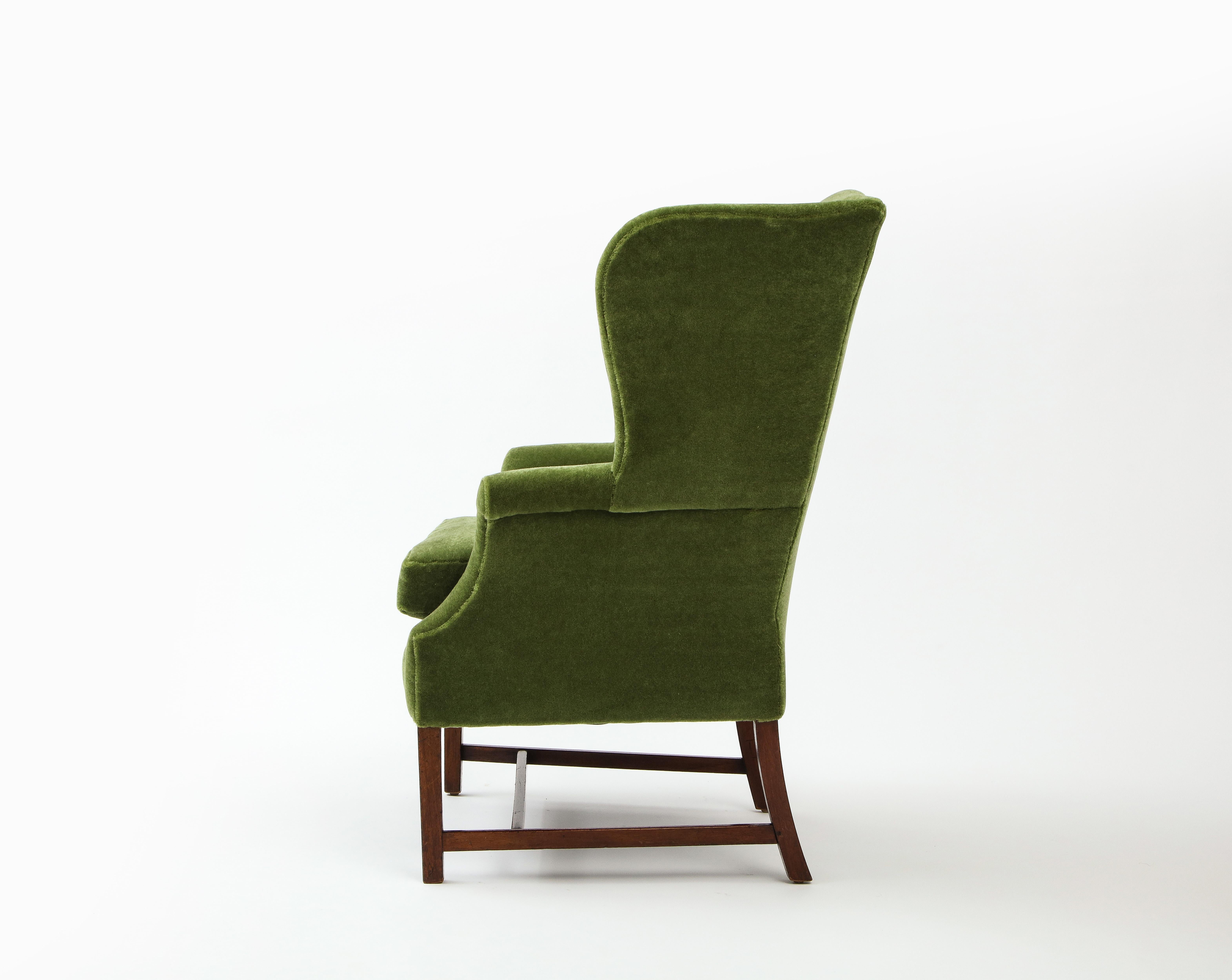 Wingback Library Chair in Green Pierre Frey Mohair, England late 19th Century 1