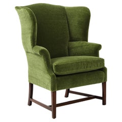 Wingback Library Chair in Green Pierre Frey Mohair, England late 19th Century